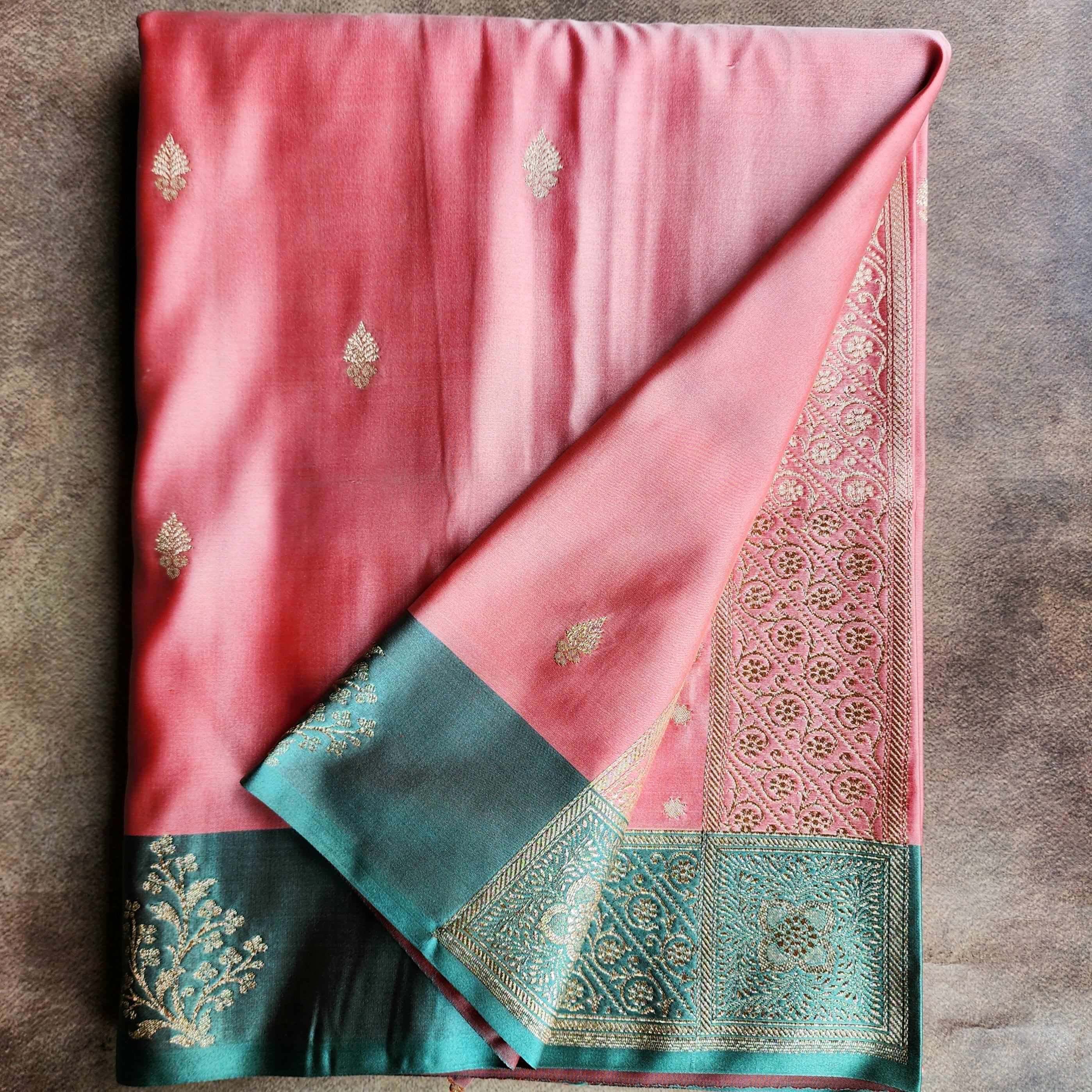 Rose Pink Katan Silk Saree with Teal Blue Gold Zari Border