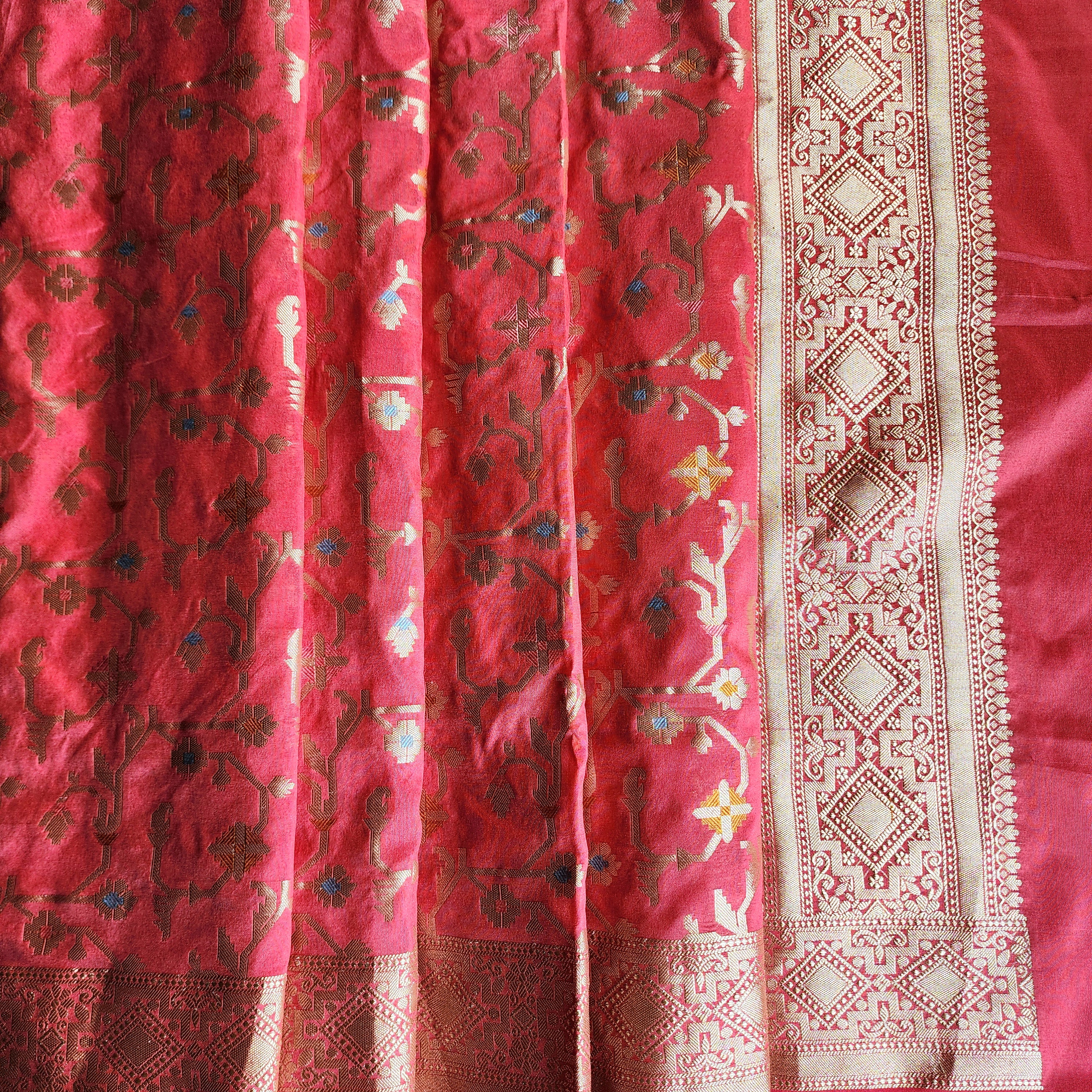 Golden Grid Banarasi Silk Dupatta with Meenakari Work in Brick Red