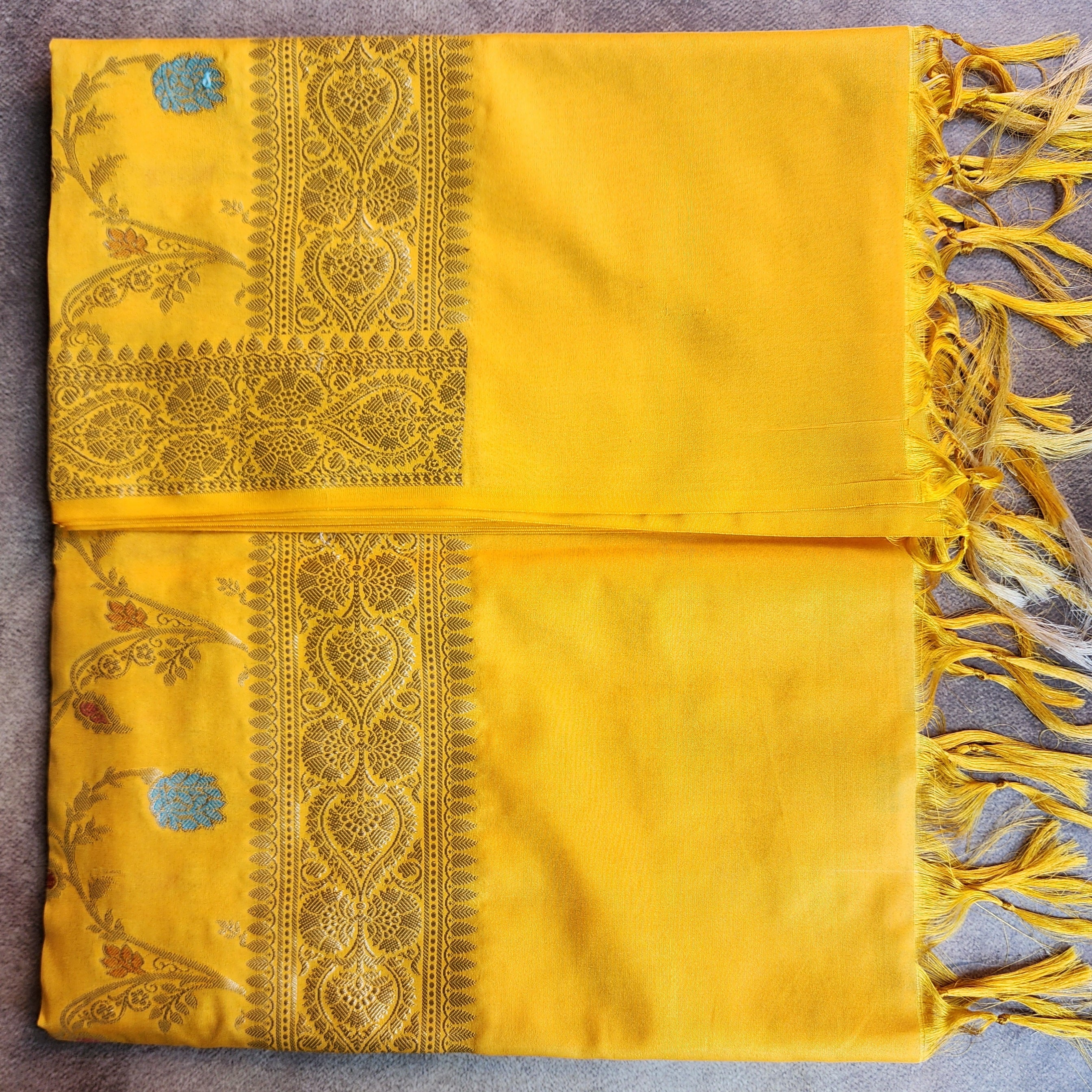 Mustard Yellow Banarasi Silk Dupatta with Gold Zari Border & Multicolor Meenakari Work