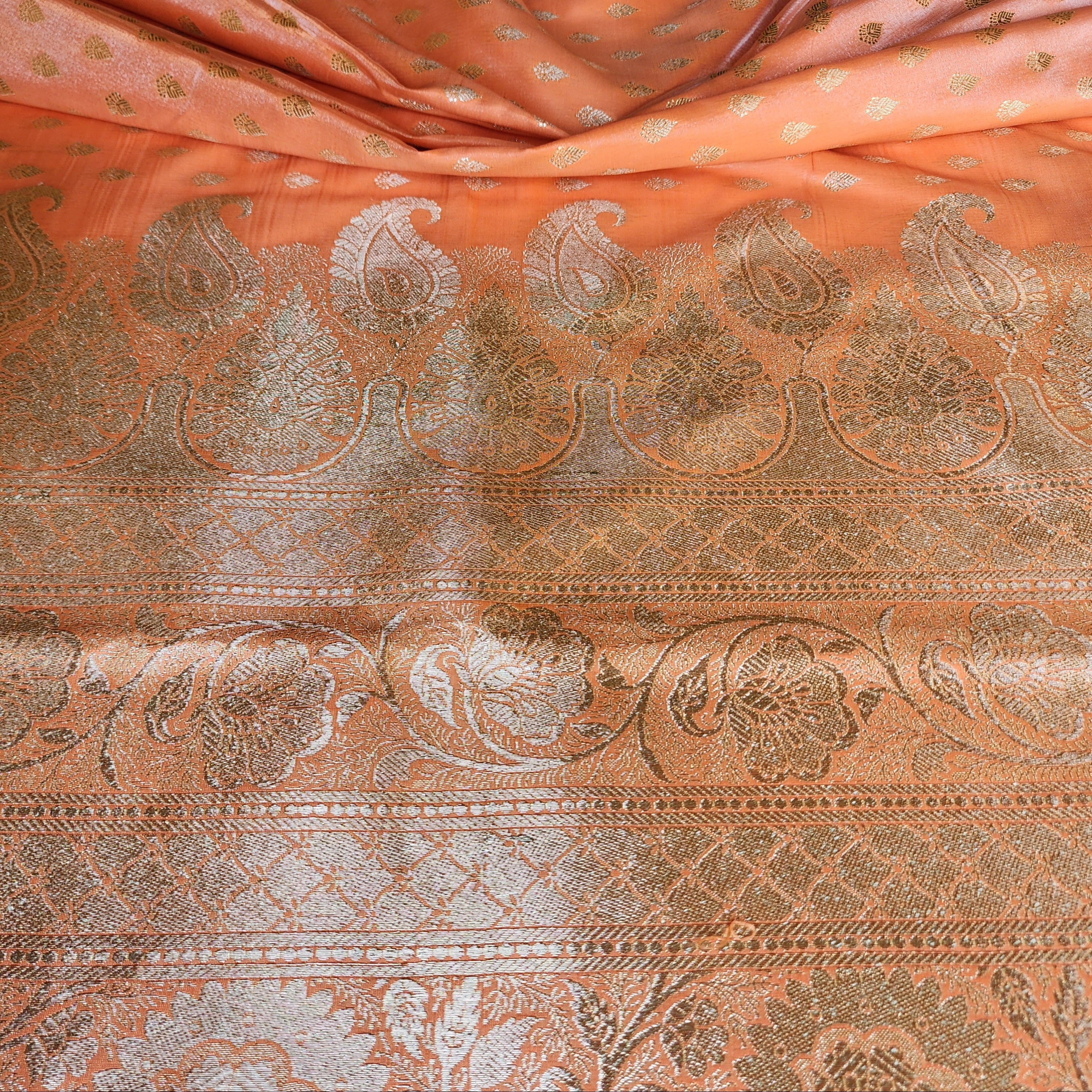 Rich Burnt Orange Banarasi Silk Saree with Gold Zari Weaving