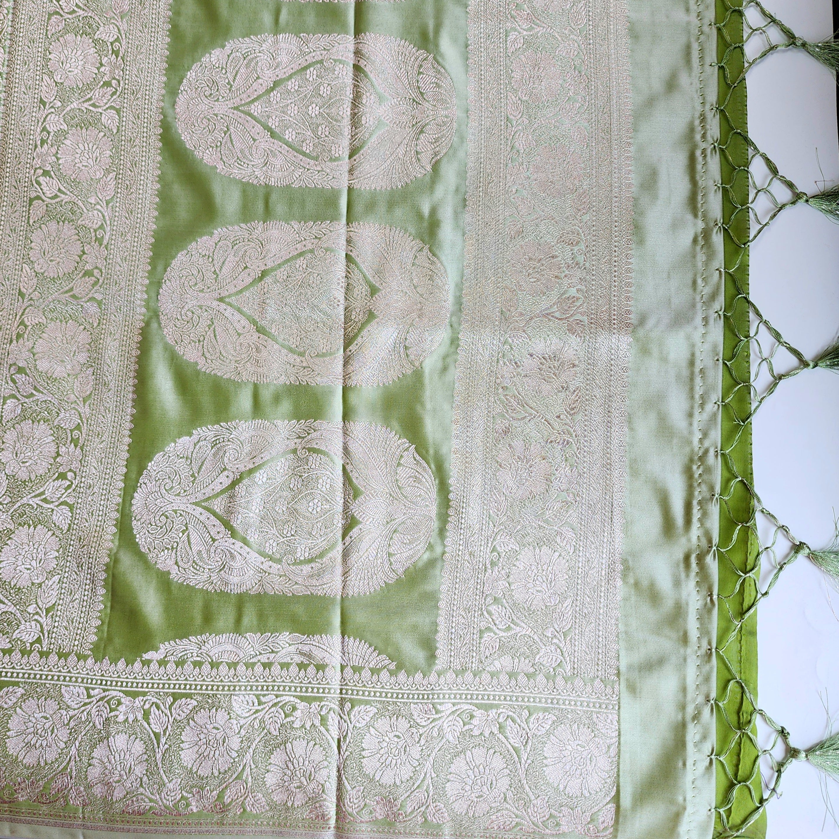 Pastel Sage Green Banarasi Katan Silk Saree with Light Gold Zari weaving