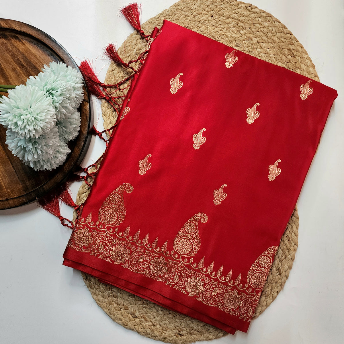 Red Paisley Katan Silk Saree with Gold Zari