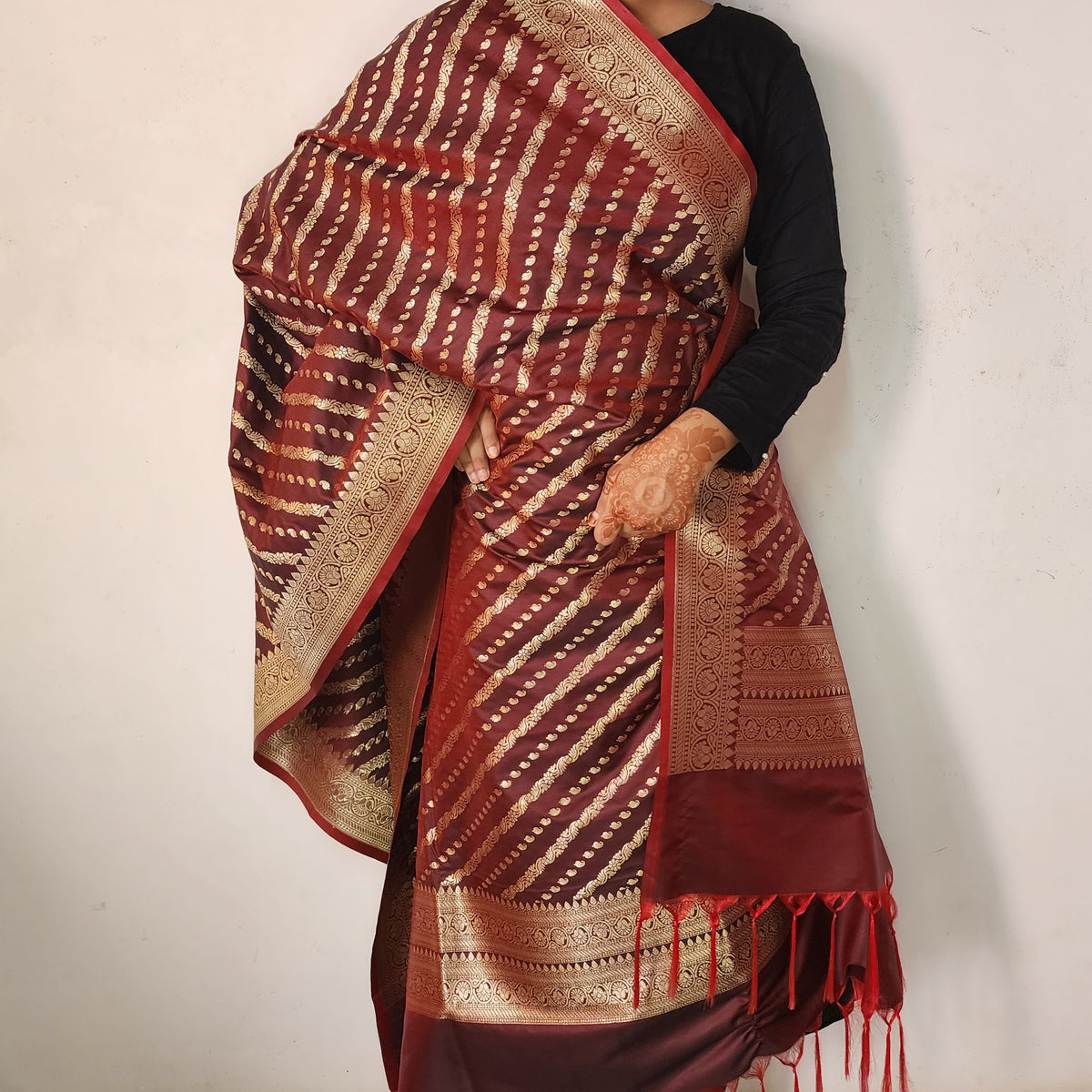 Deep Burgundy - Banarasi Leheriya Style Dupatta