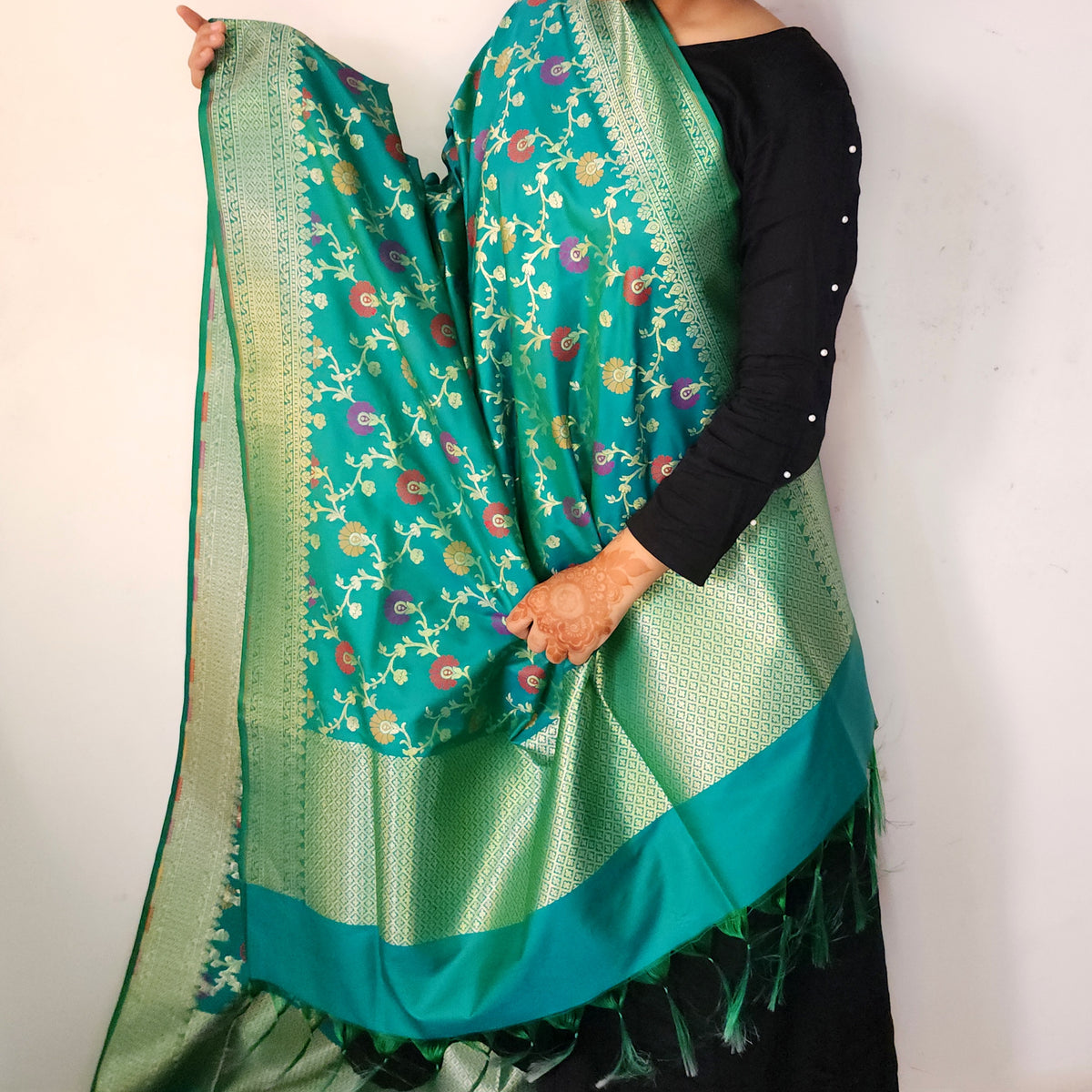 Banarasi Silk Floral Jaal Dupatta - Deep Teal
