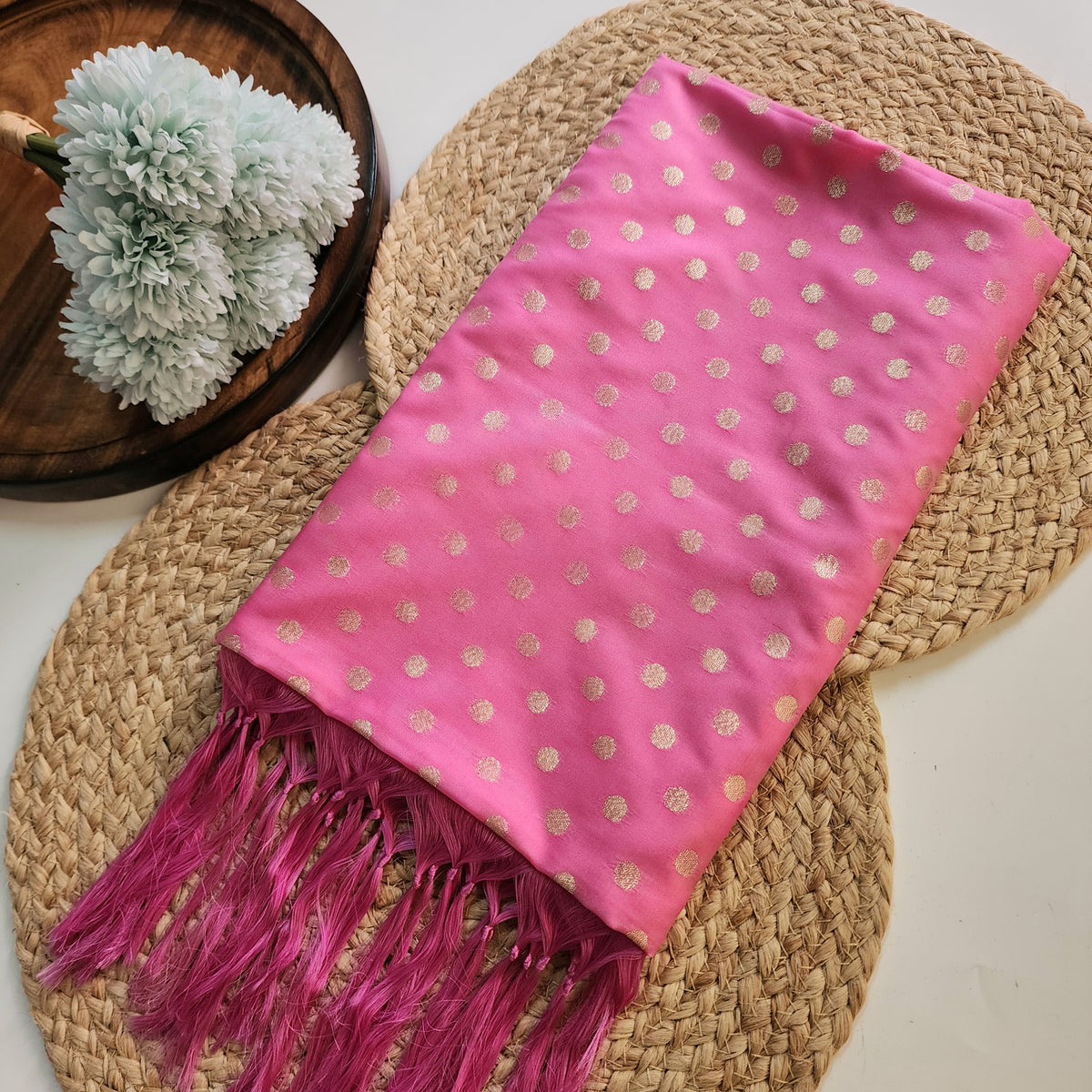 Rani Pink Banarasi Silk Dupatta with Gold Polka Dot