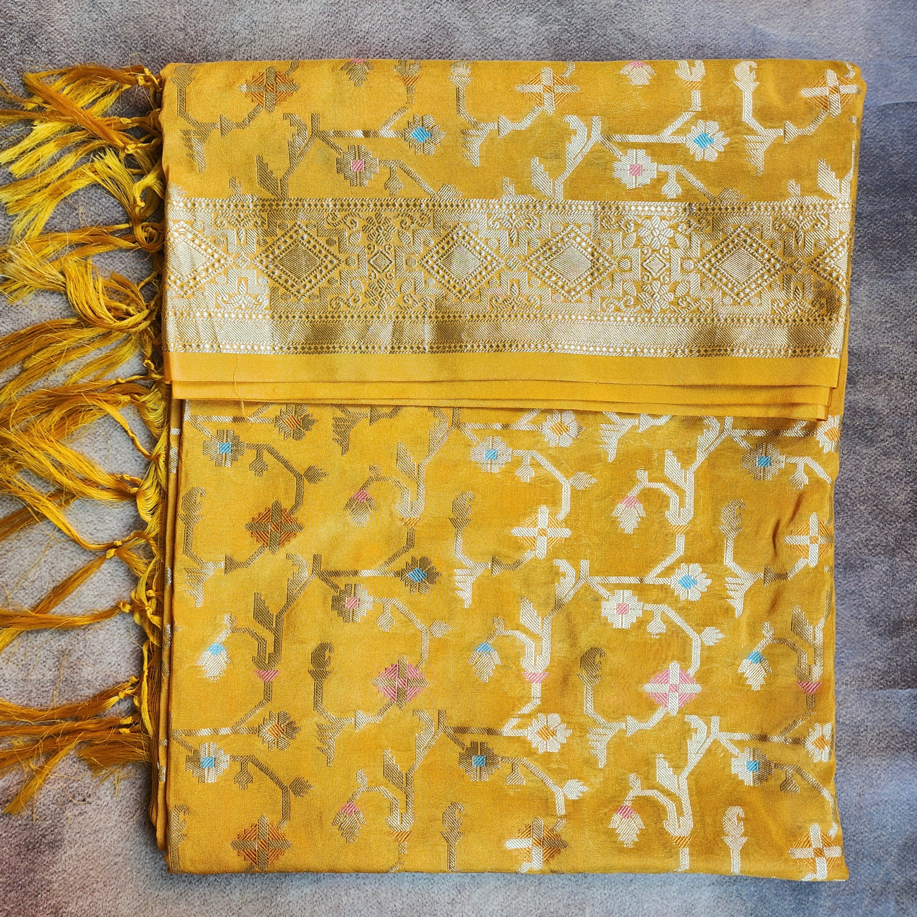 Golden Grid Banarasi Silk Dupatta with Meenakari Work in Mustard Yellow