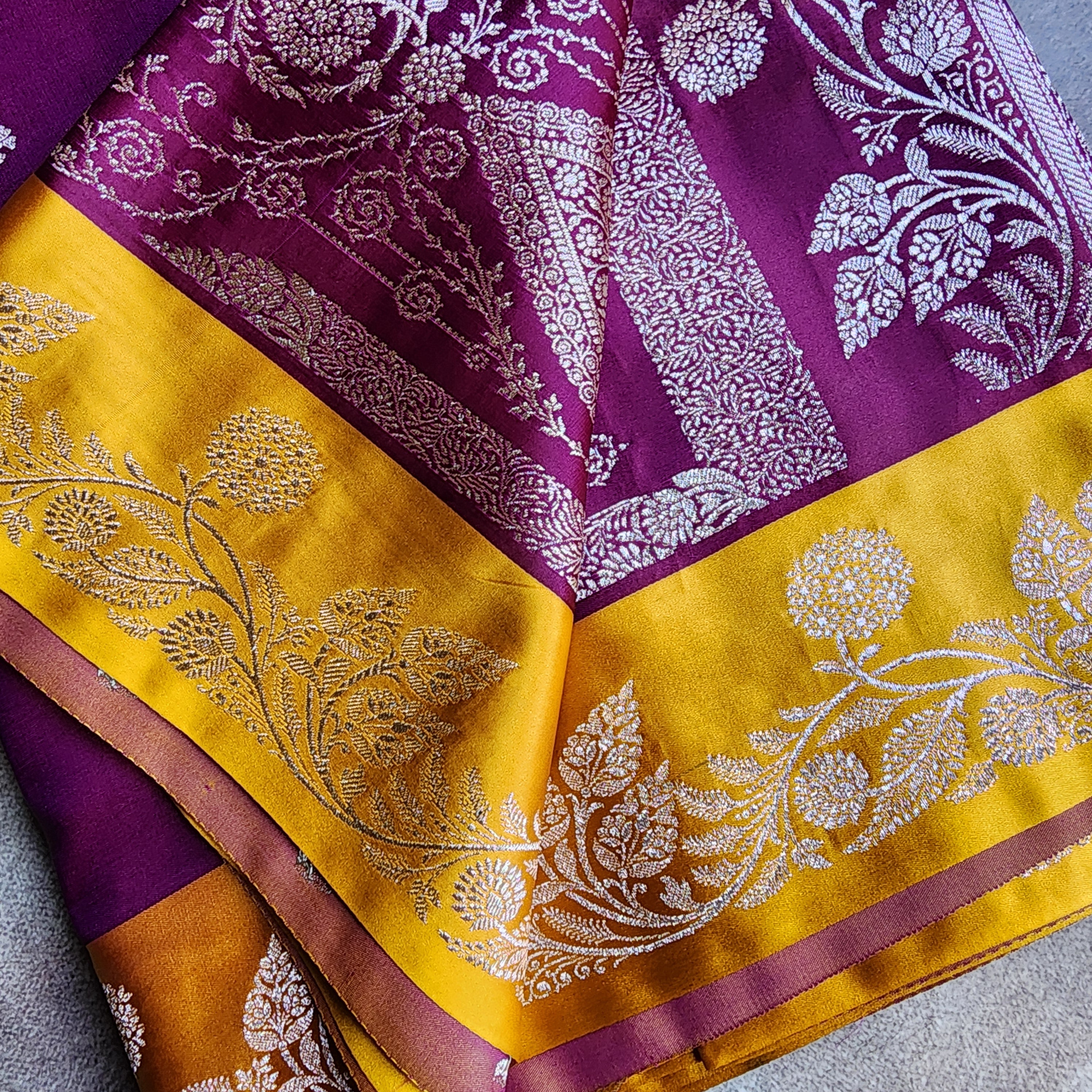 Wine Maroon Pure Banarasi Katan Silk Saree with Mustard Yellow Border