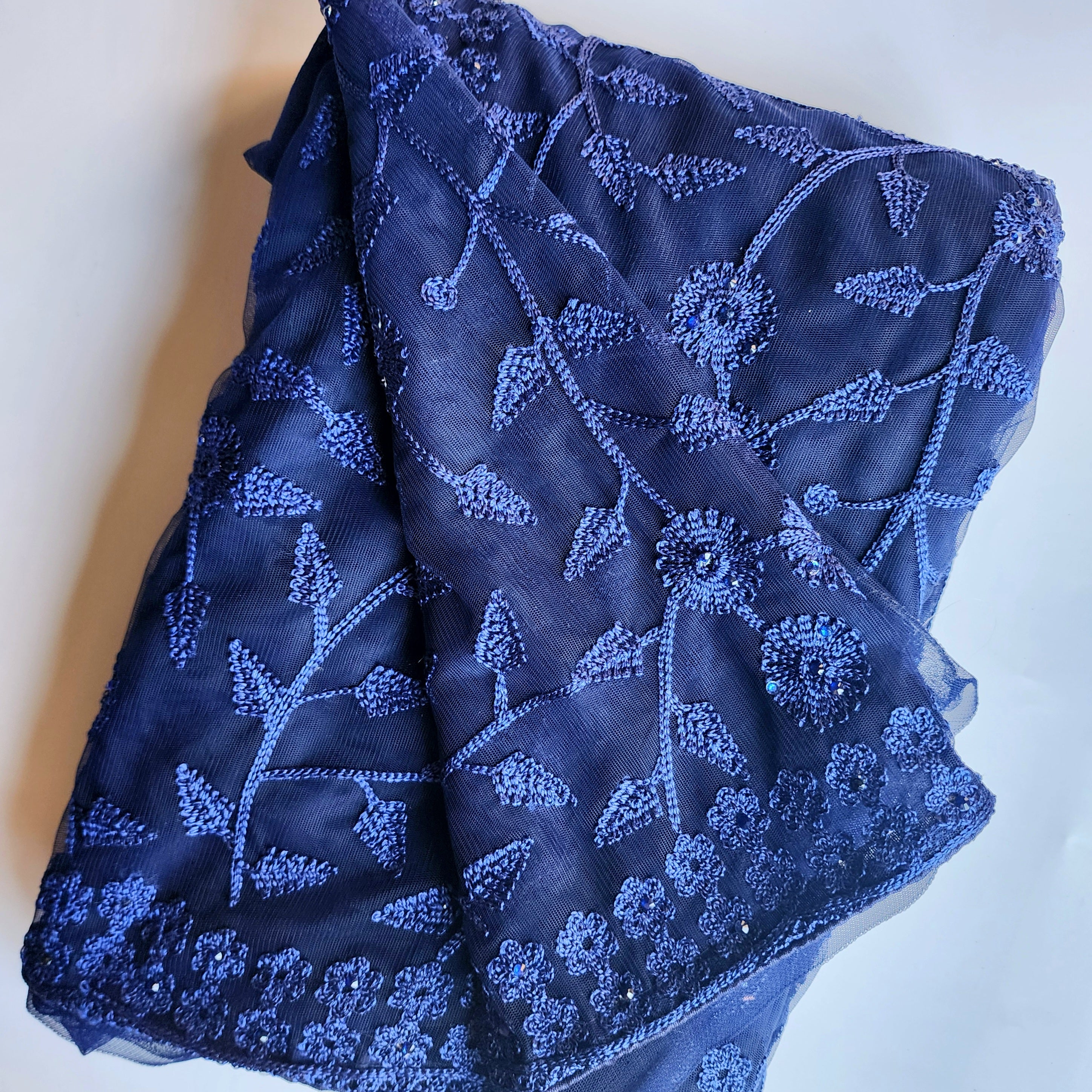 Embroidered Net Designer Saree in Dark Blue