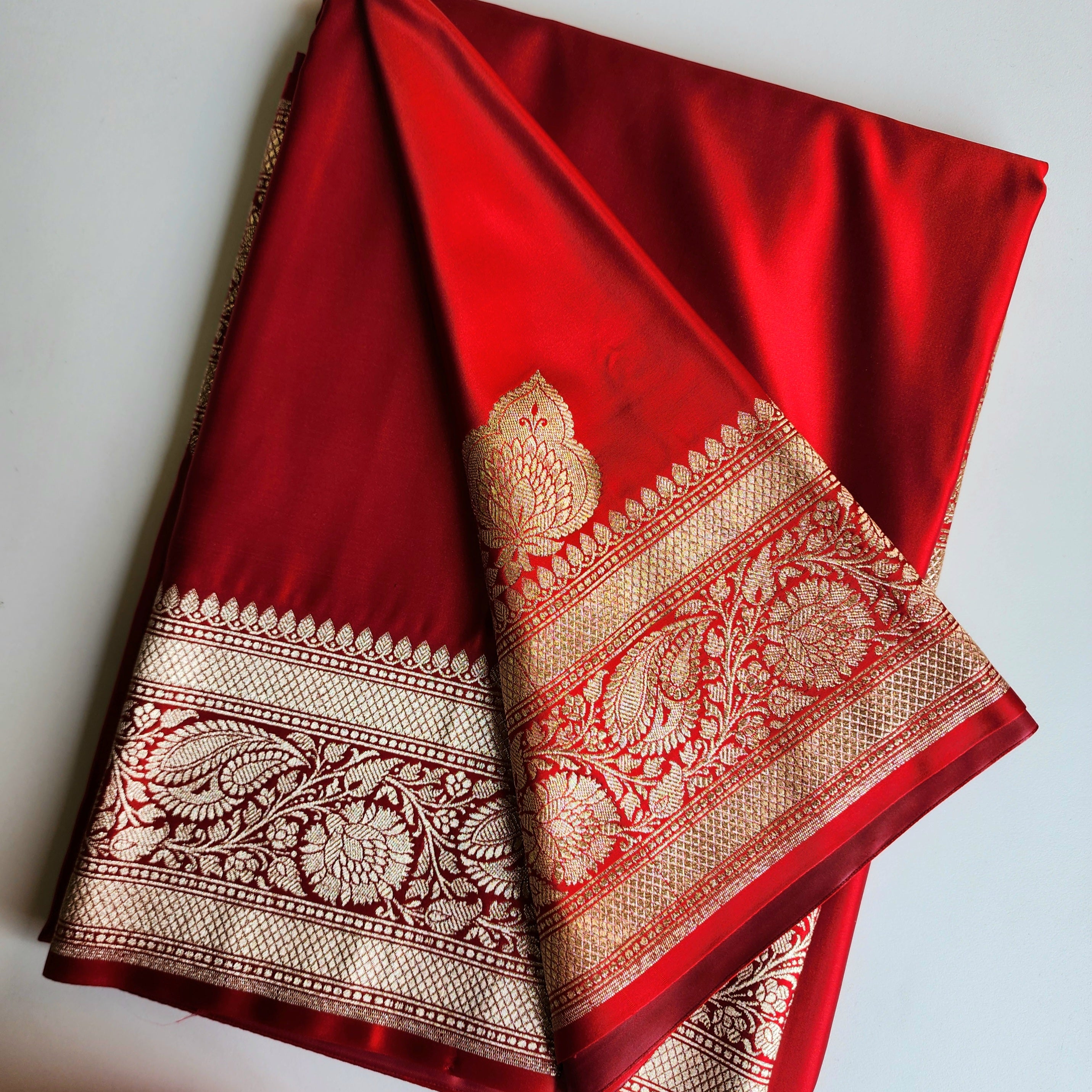 Rich Ruby Red Pure Banarasi Katan Silk Saree with light Gold Zari Weaving