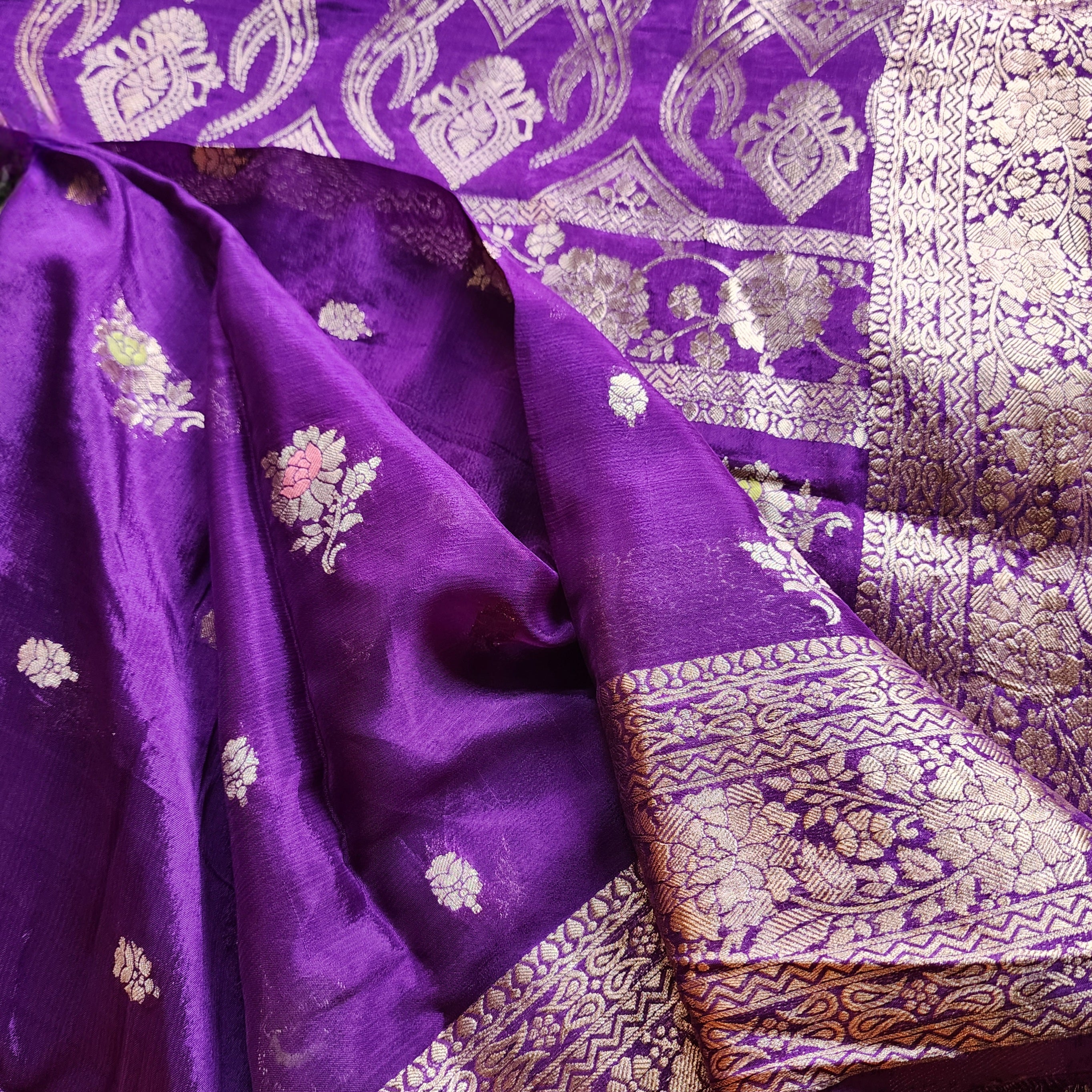 Royal Violet Pure Crepe Silk Saree with Gold Zari Border
