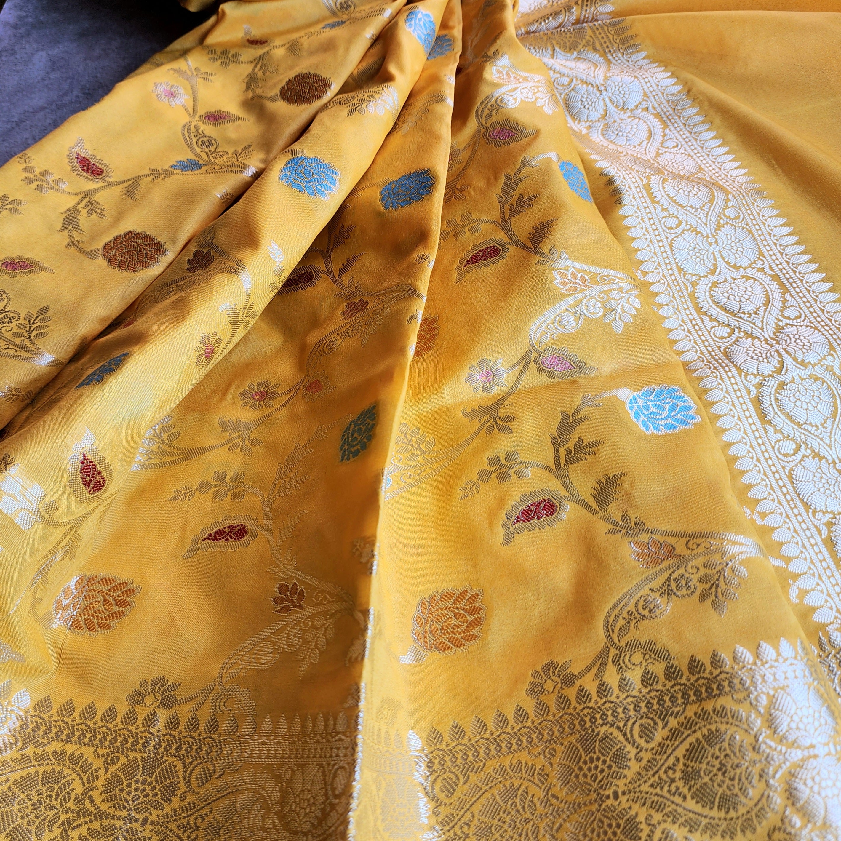 Mustard Yellow Banarasi Silk Dupatta with Gold Zari Border & Multicolor Meenakari Work