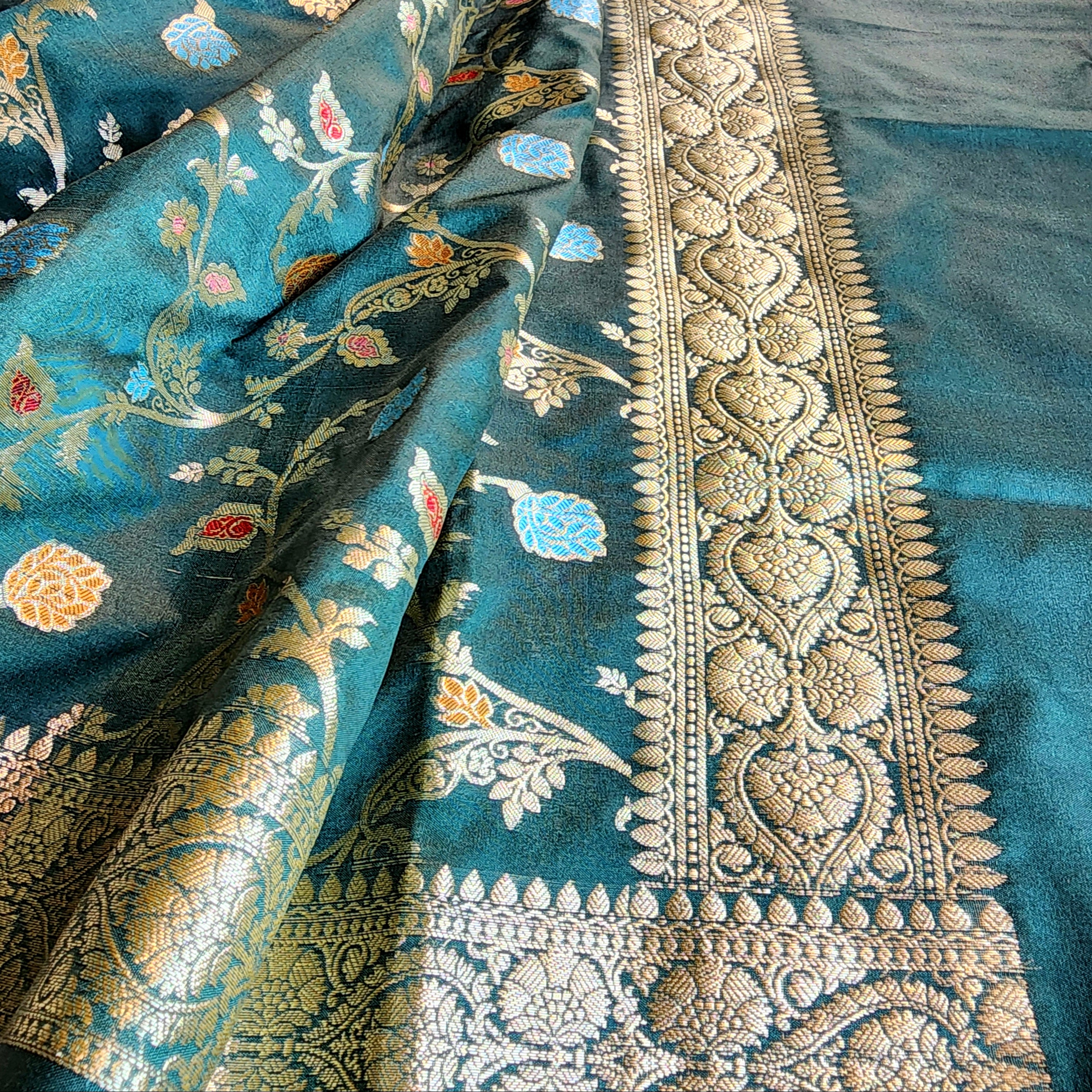 Bottle Green Banarasi Silk Dupatta with Gold Zari Border & Multicolor Meenakari Work