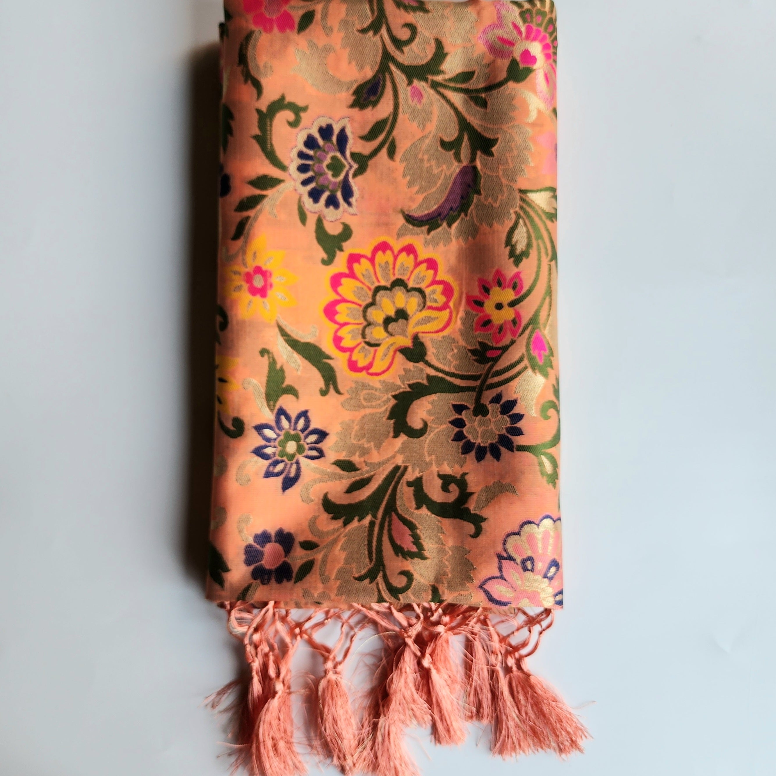 Banarasi Silk Peach Dupatta with Multicolor & Gold Floral Handweaving