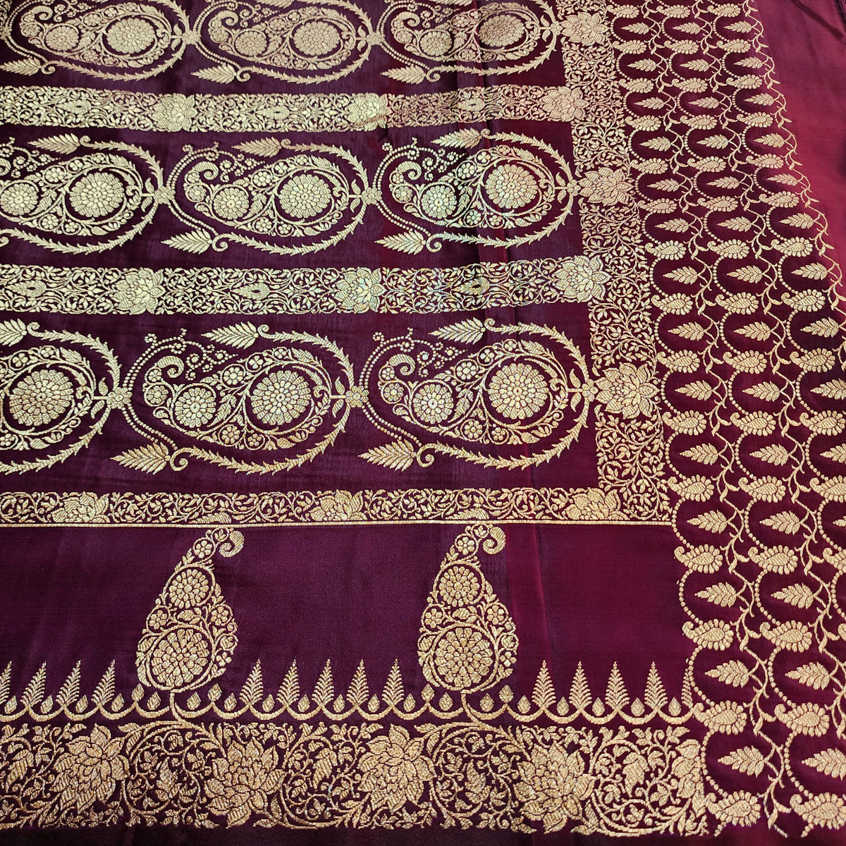 Wine Paisley Katan Silk Saree with Gold Zari
