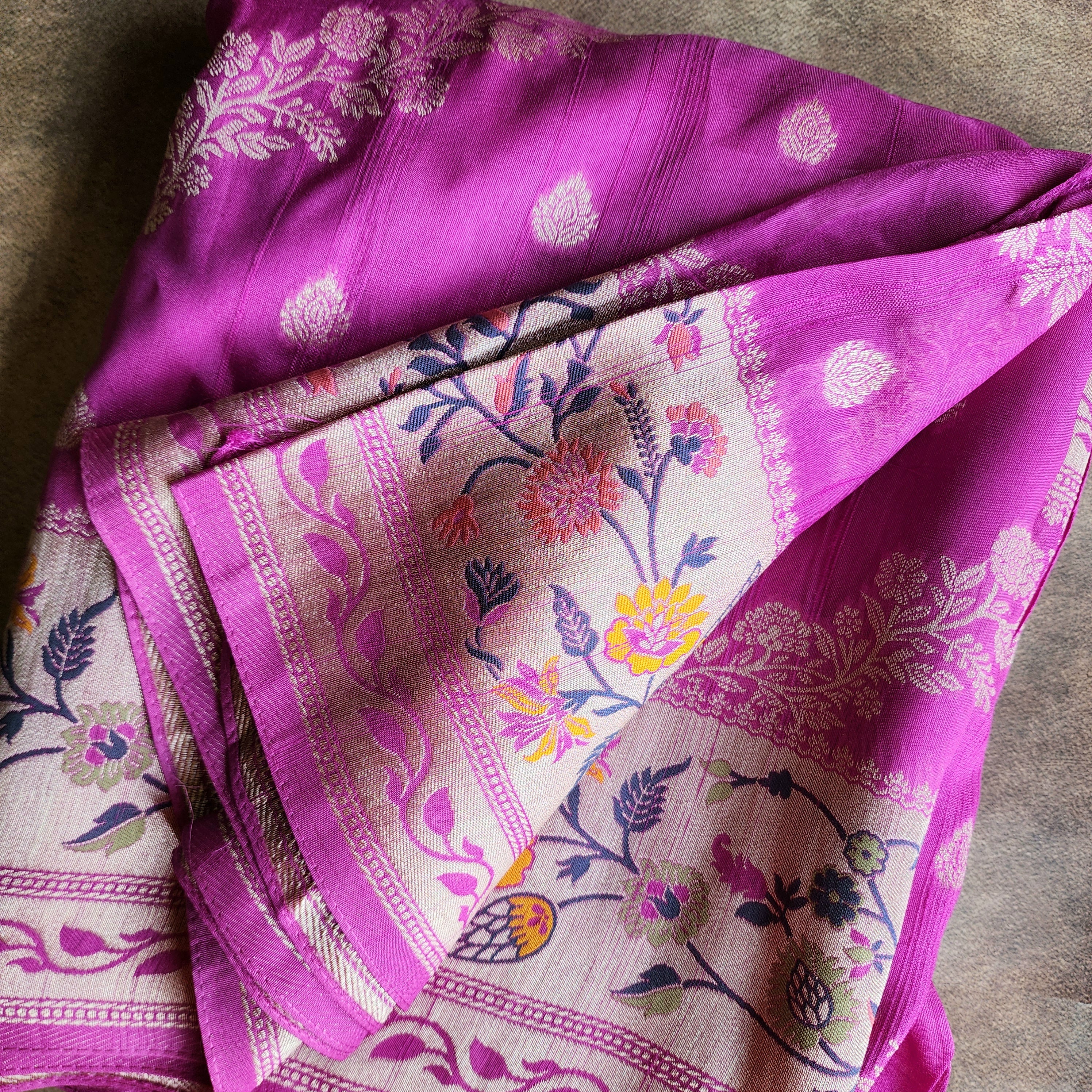 Soft Lavender Orchid Raw Silk Saree with Pastel Floral Weaving and Ivory Border