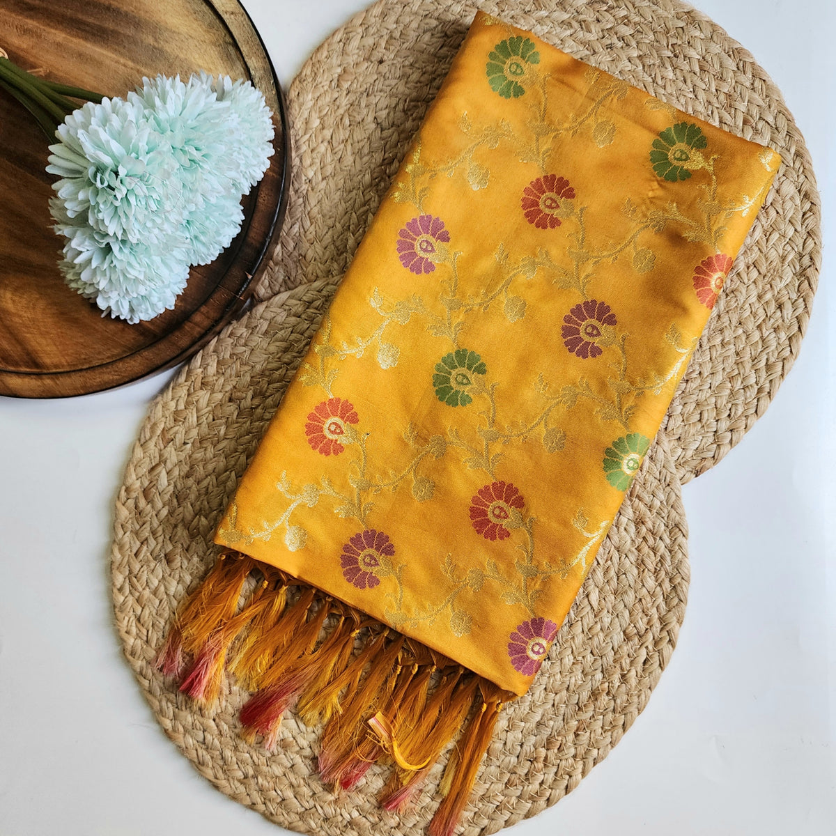 Banarasi Silk Floral Jaal Dupatta - Mustard Gold