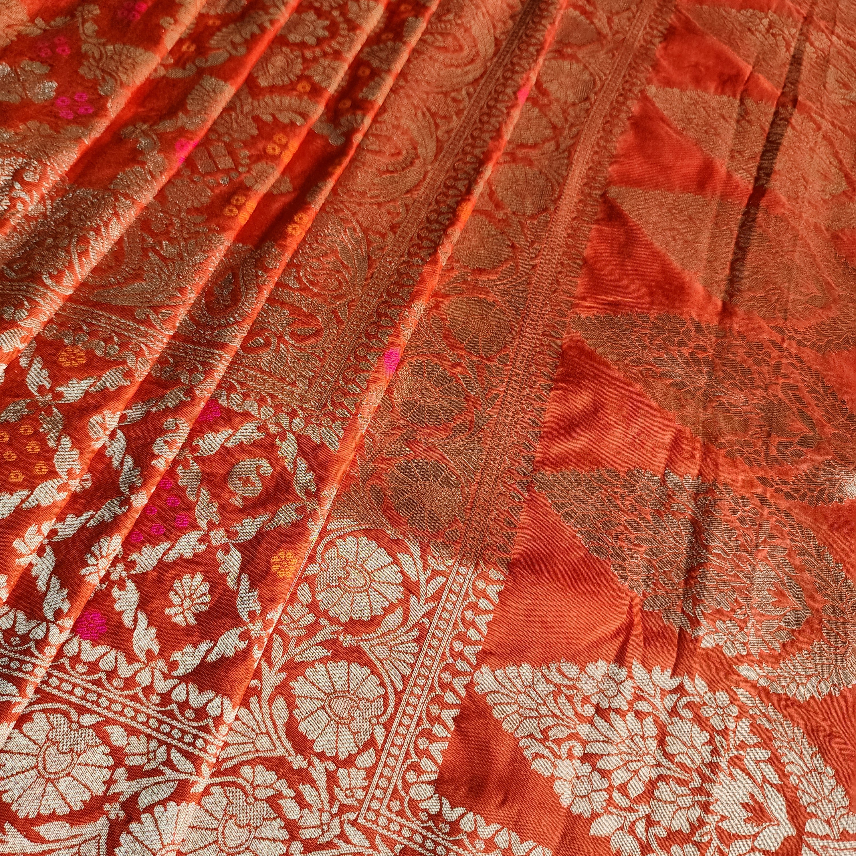 Burnt Orange Bandhani Dupatta with Floral and Geometric Zari Weave