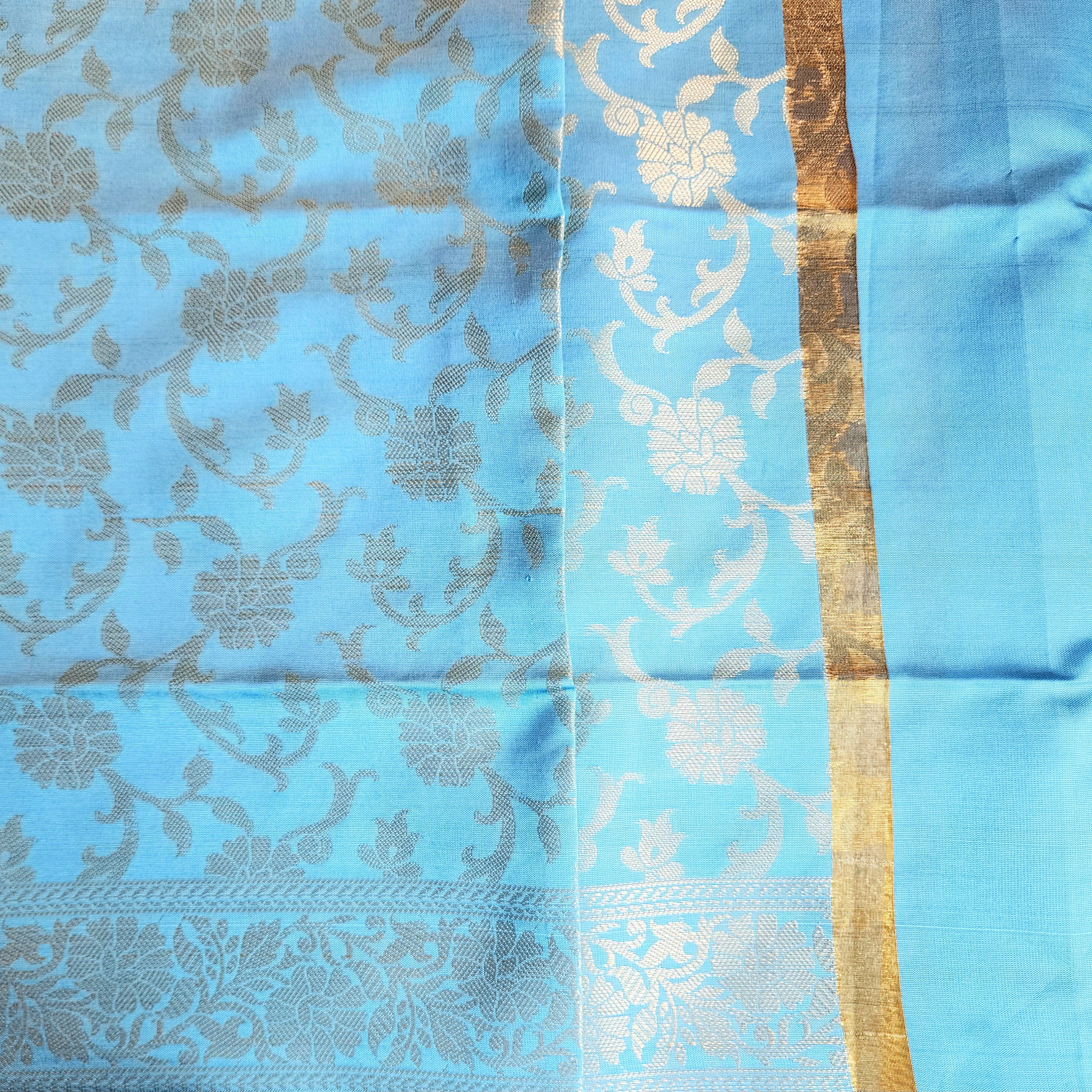 Aqua Blue Banarasi Tapetta Silk Dupatta with Gold Floral Weave
