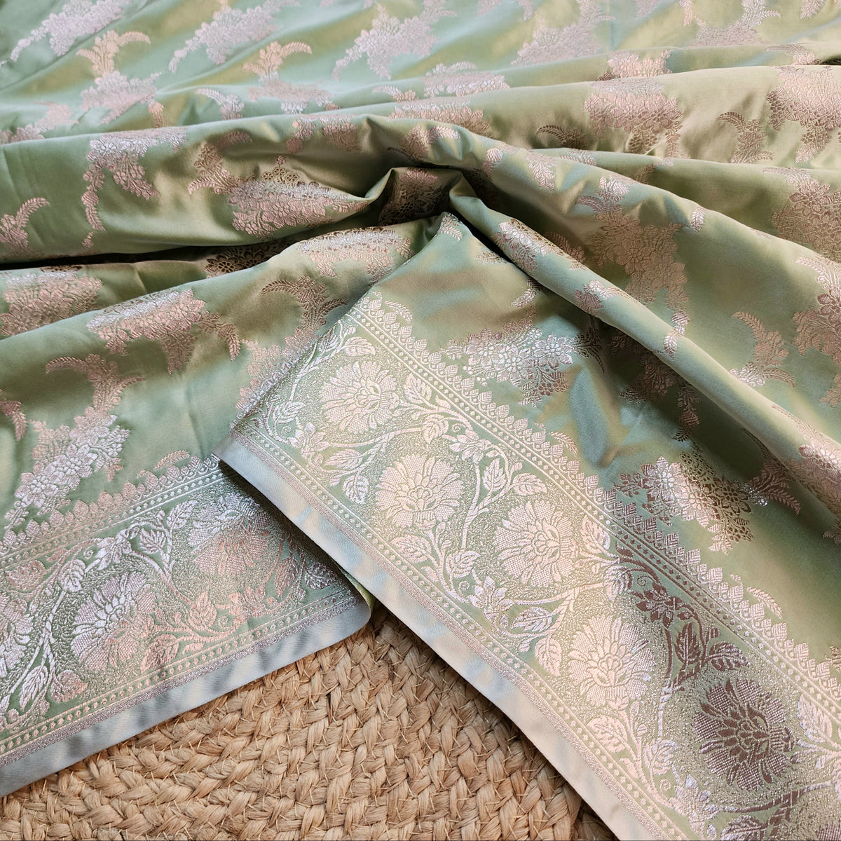 Olive Green Banarasi Katan Silk Saree with Floral Vine Jaal