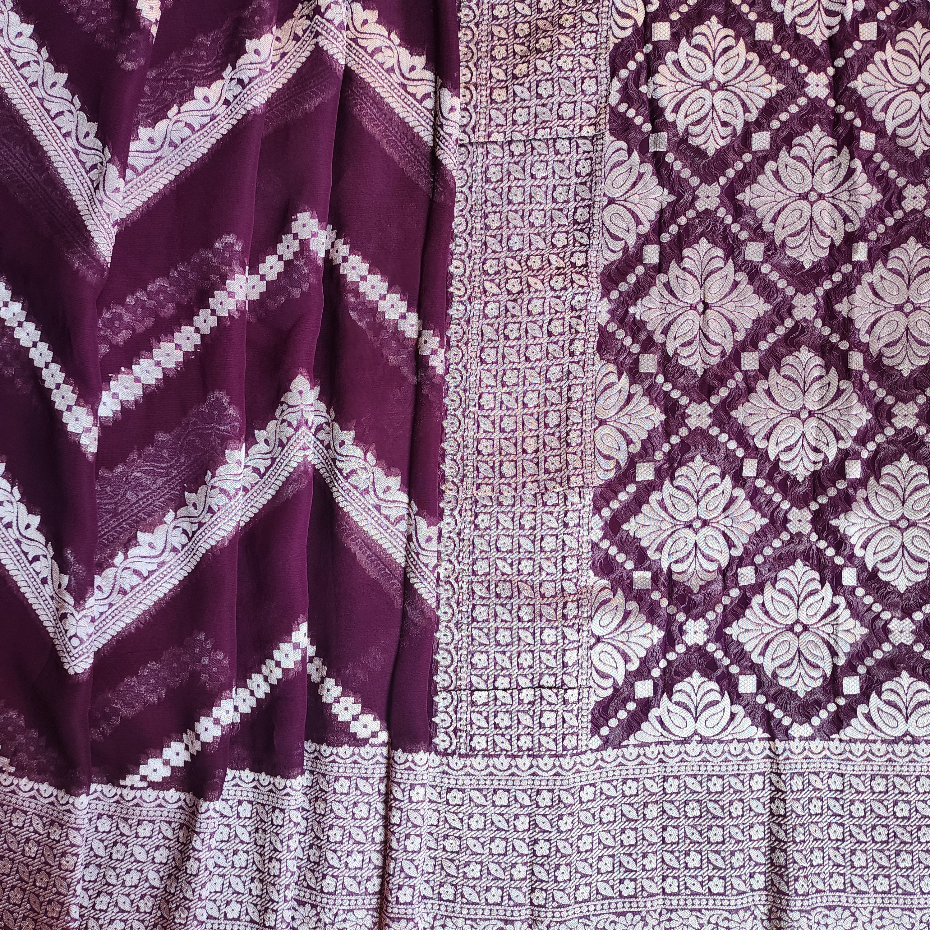 Dark Purple Khaddi Georgette Pure Banarasi Saree with Silver Zari