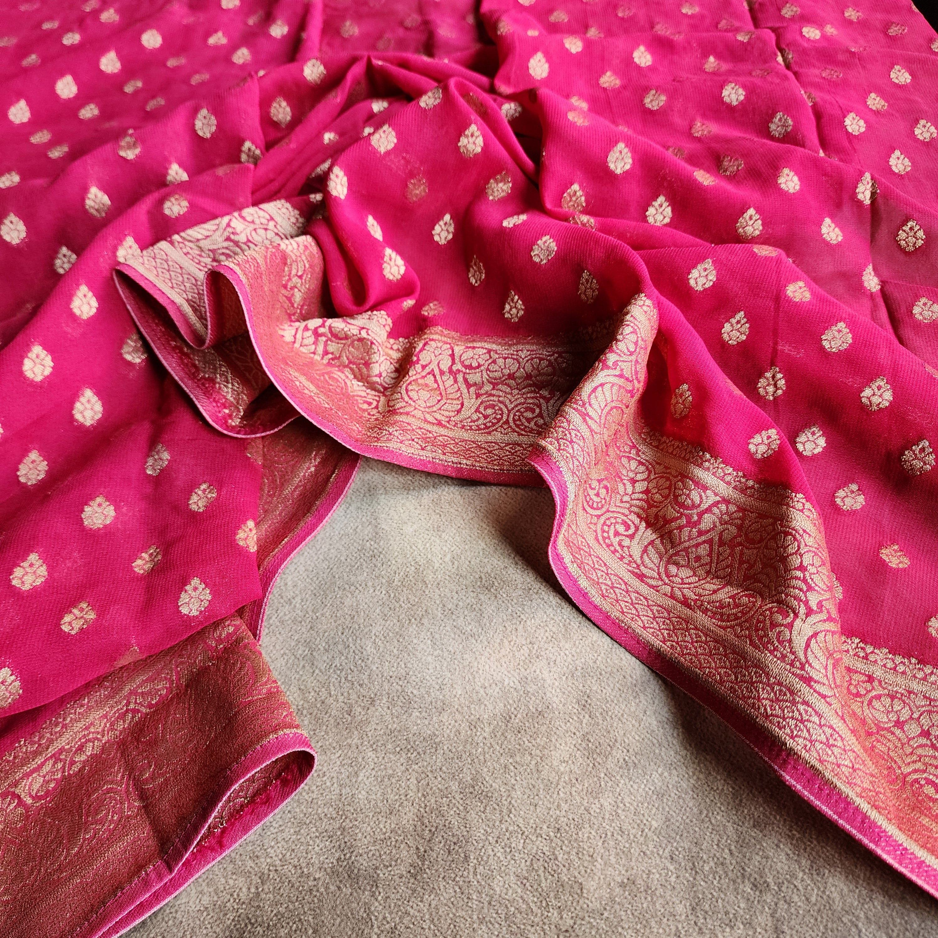 Radish Pink Khaddi Georgette Pure Banarasi Saree with Golden Zari