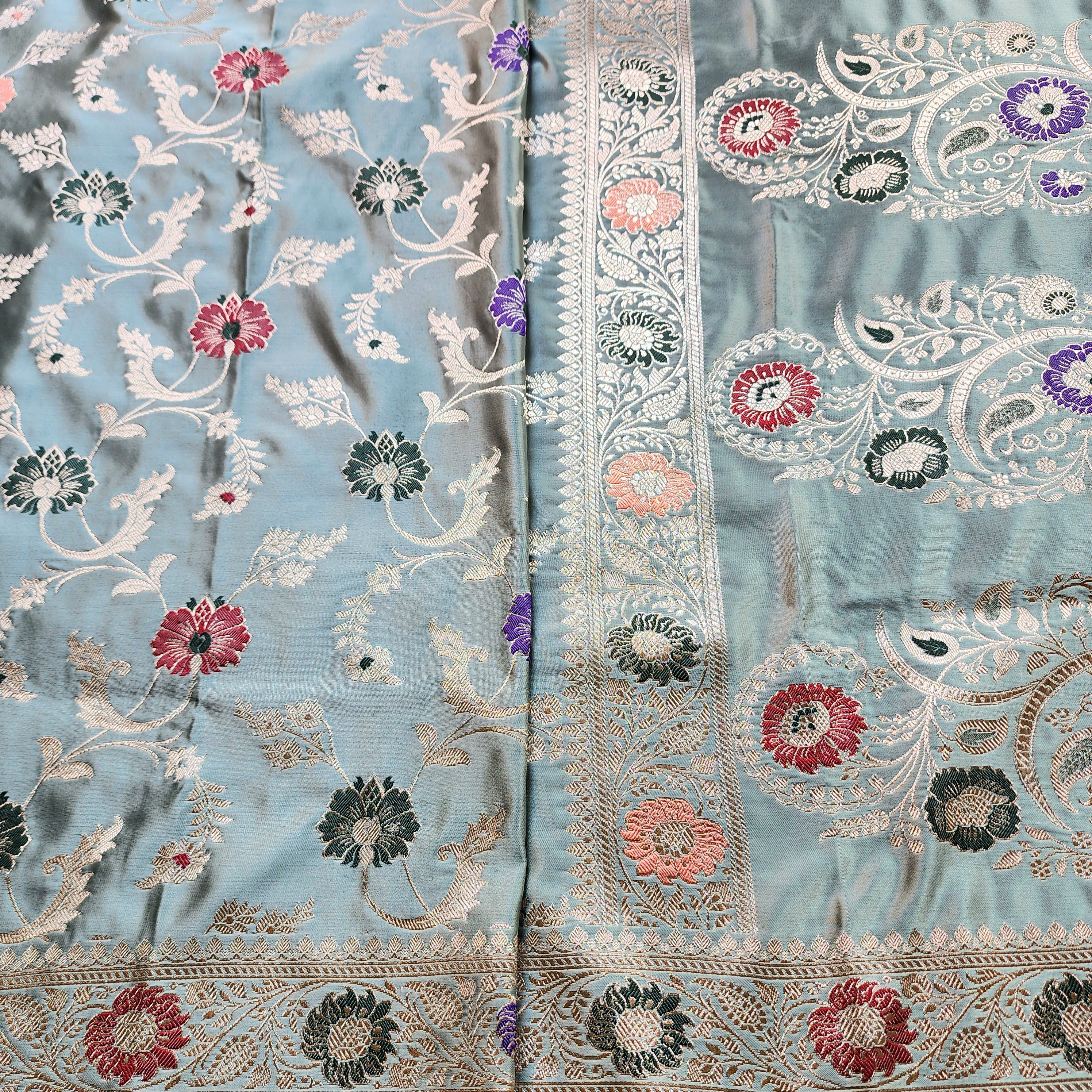 Enriched Banarasi Katan Silk Saree | Sea Green Multicolor Meenakari Floral Jaal