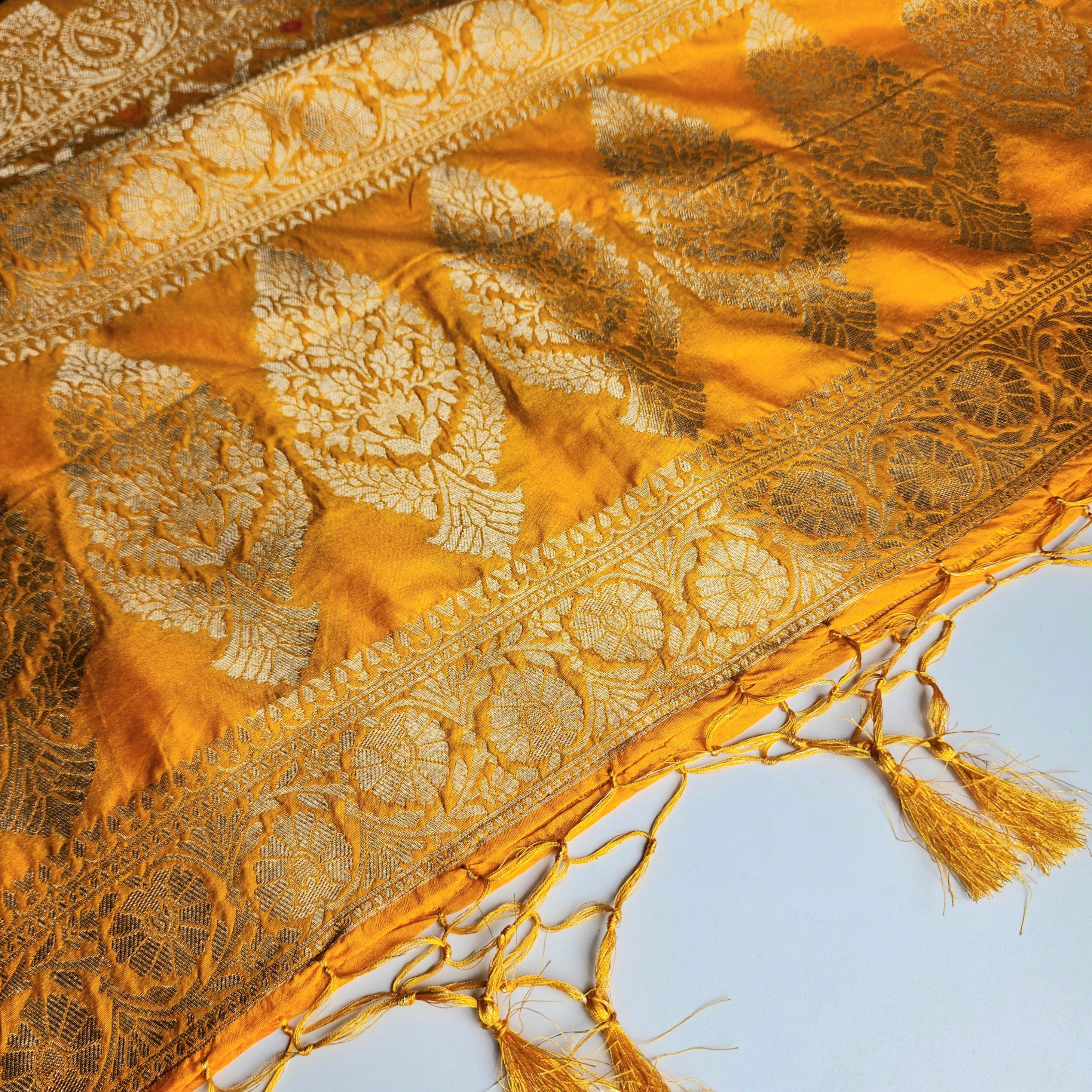 Mustard Gold Bandhani Dupatta with Floral and Geometric Zari Weave