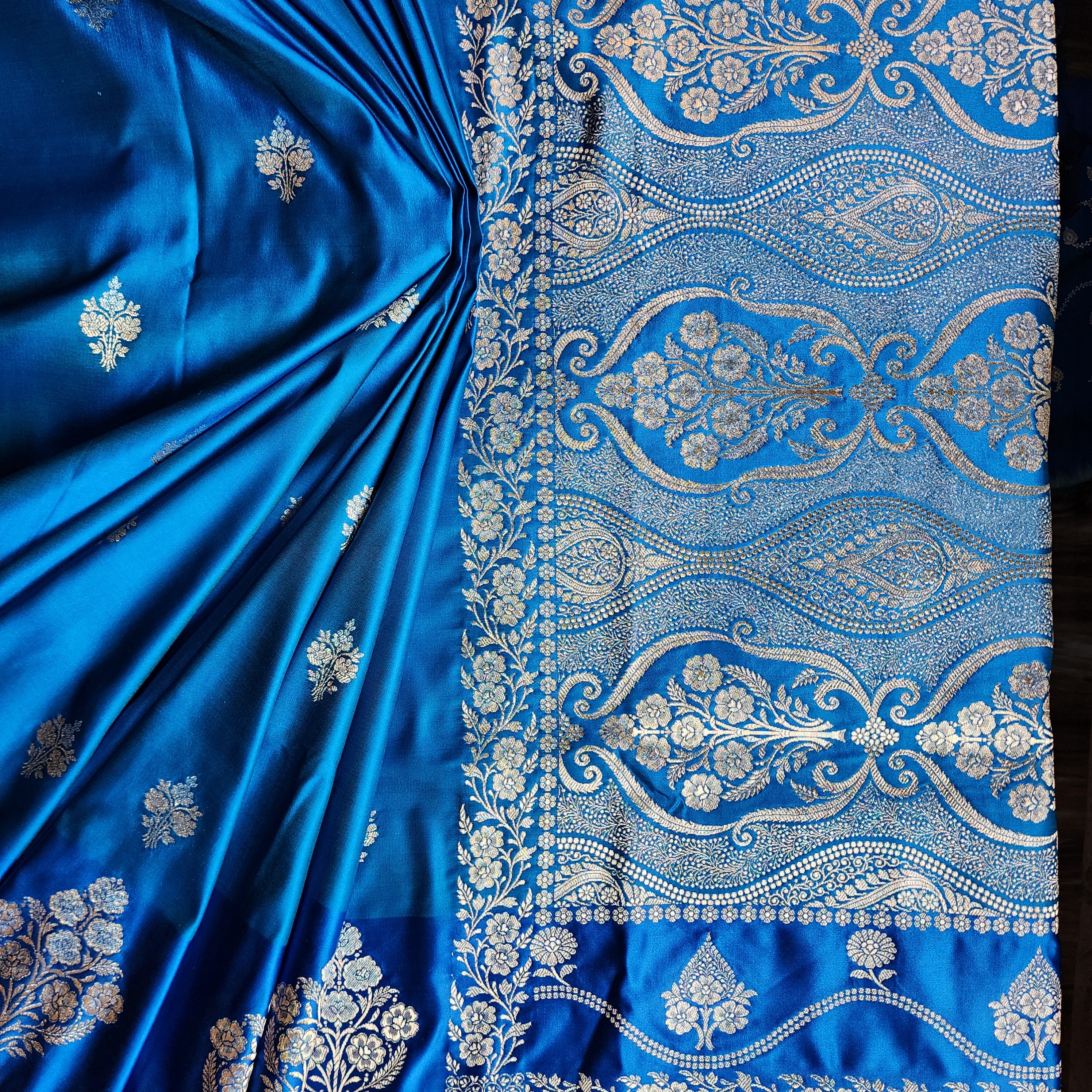 Dual-Tone Shiny Blue Pure Banarasi Katan Silk Saree