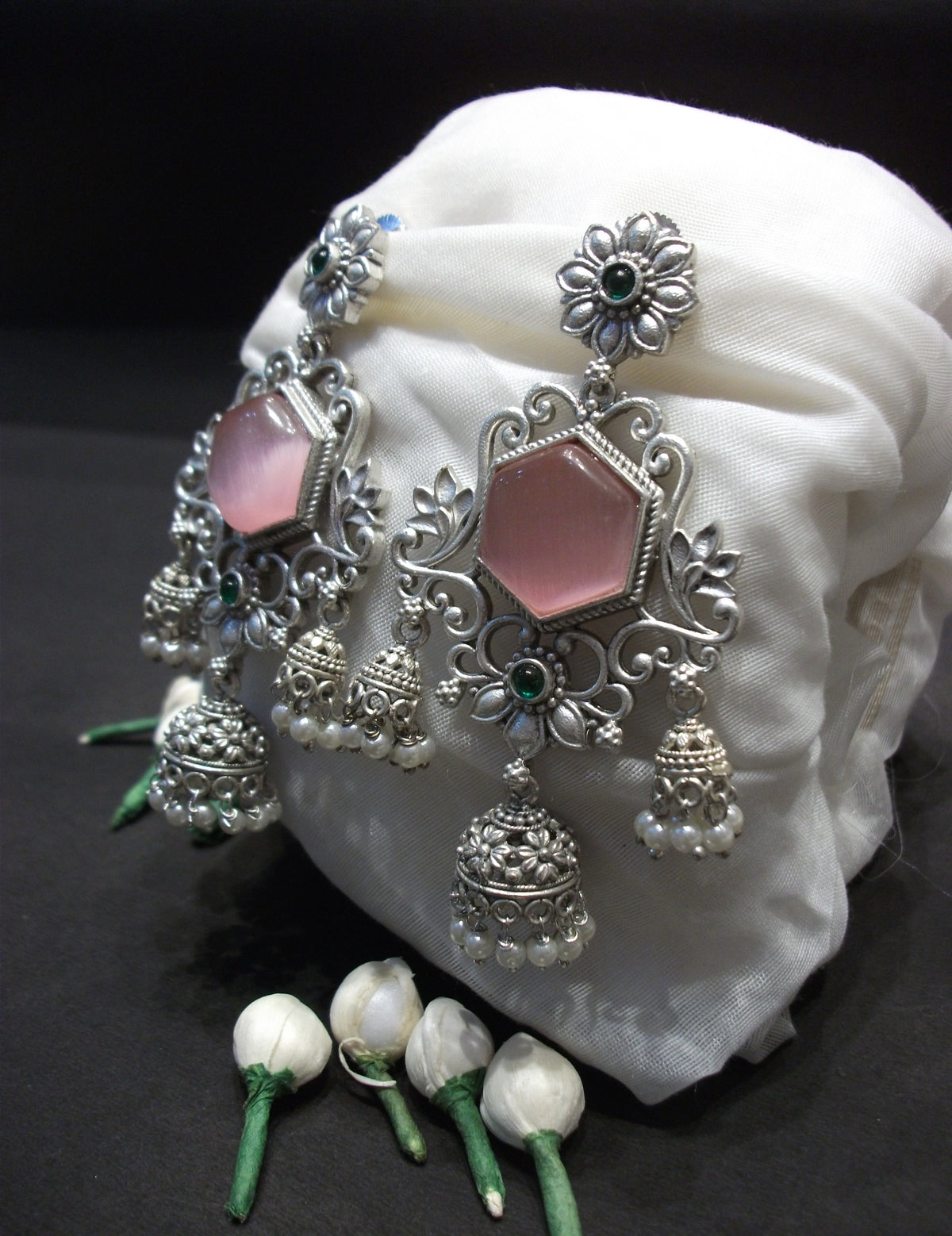 Antique Silver Pink Floral Filigree Jhumki Earrings