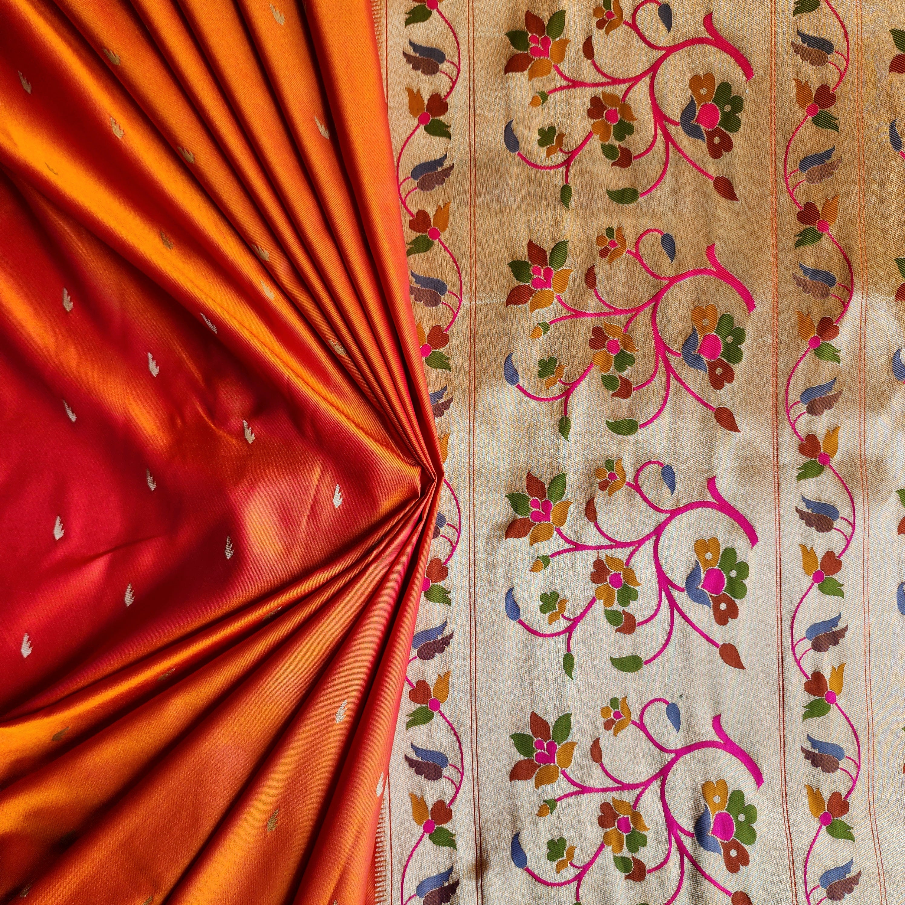 Raahi - Bright Orange Paithani Silk Saree with Stitched Blouse