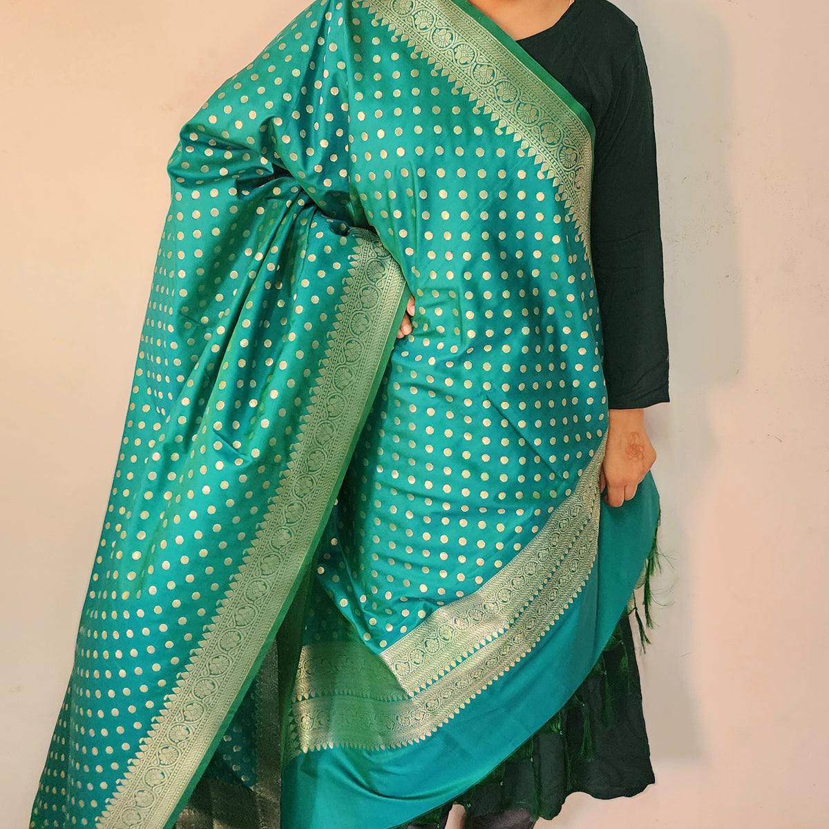 Teal Green Banarasi Silk Dupatta with Gold Polka Dot
