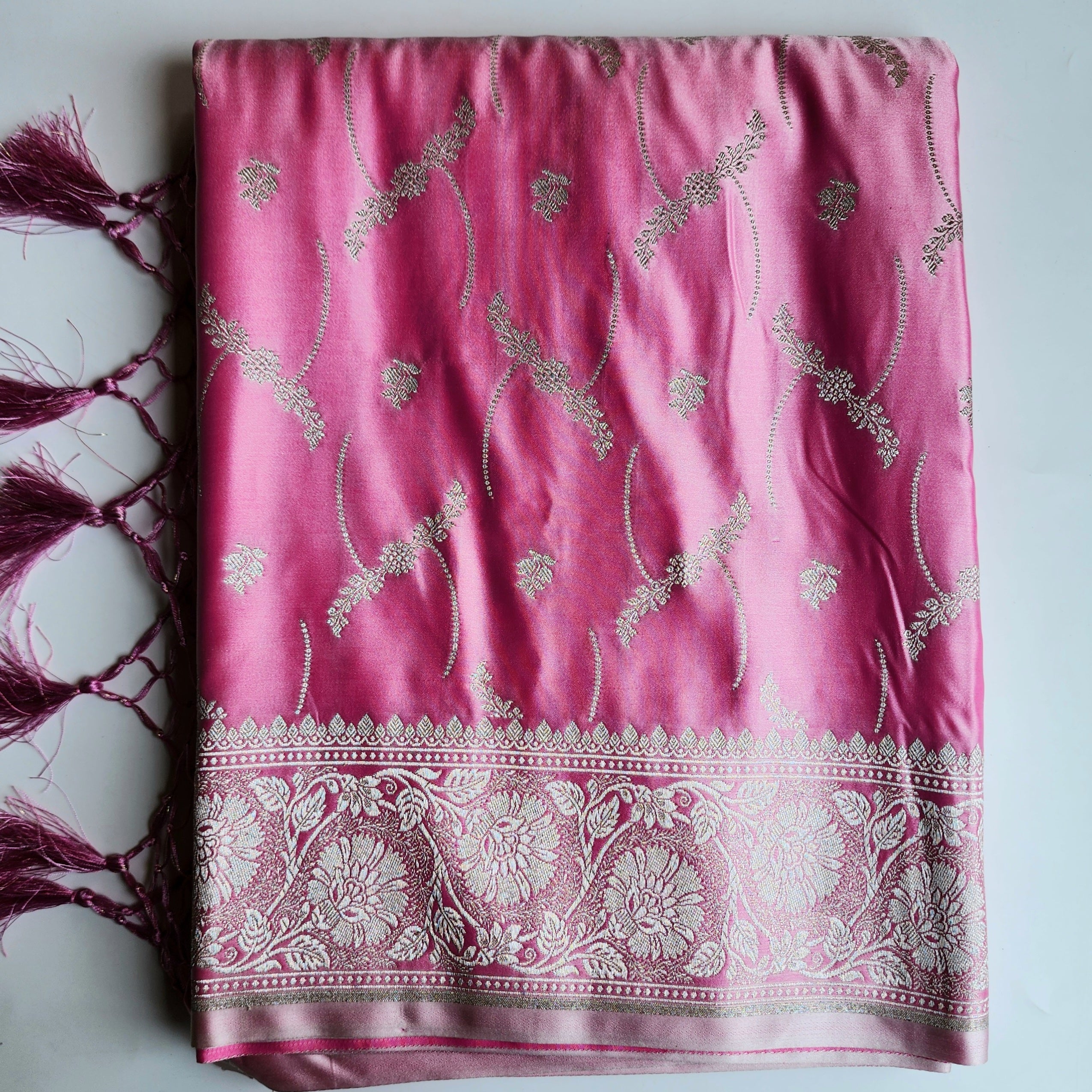 Pastel Candy Pink Banarasi Katan Silk Saree with Light Gold Zari weaving