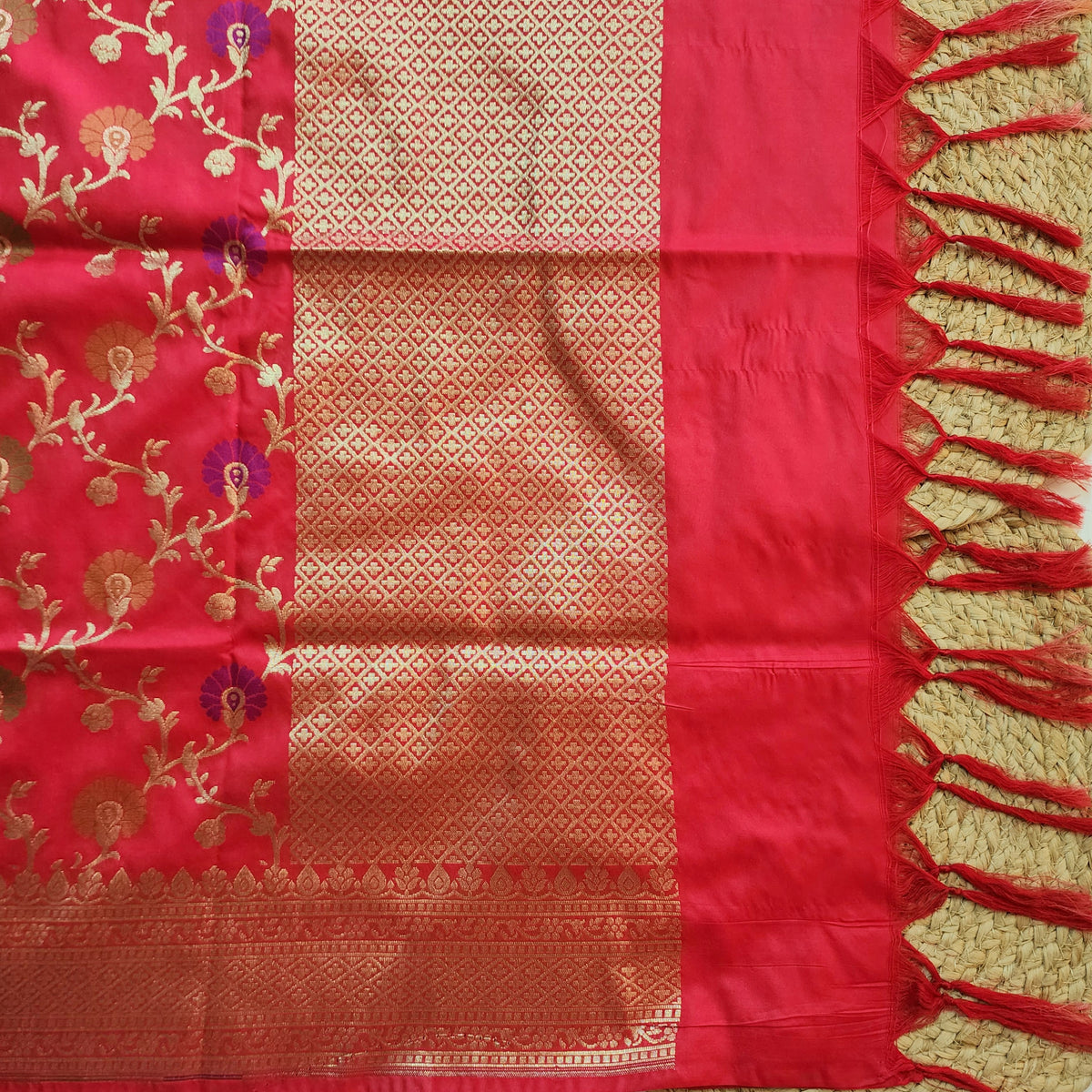 Banarasi Silk Floral Jaal Dupatta - Crimson Red