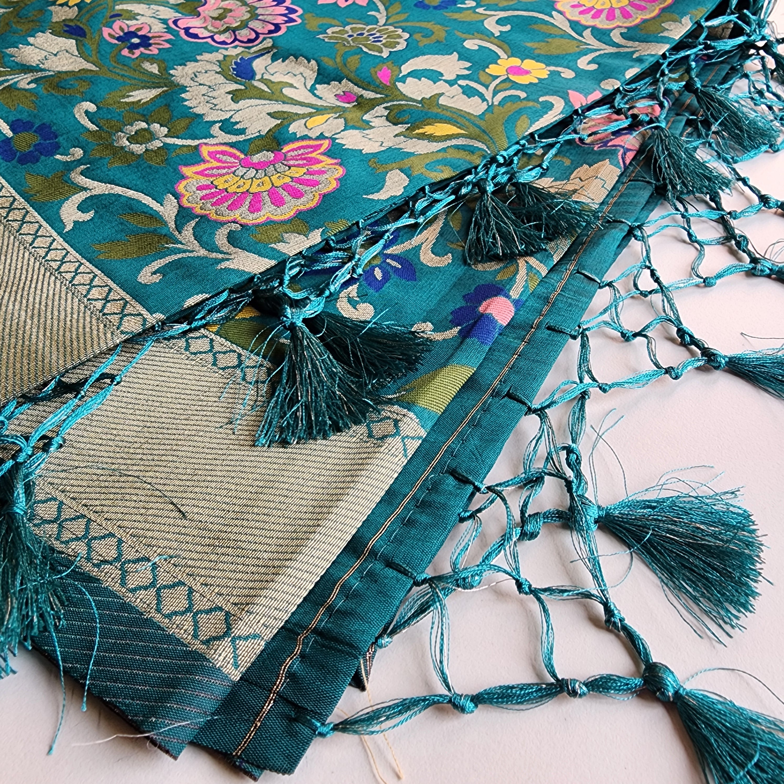 Banarasi Silk Rama Green Dupatta with Multicolor & Gold Floral Handweaving