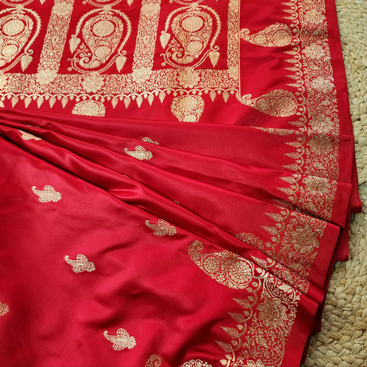 Red Paisley Katan Silk Saree with Gold Zari