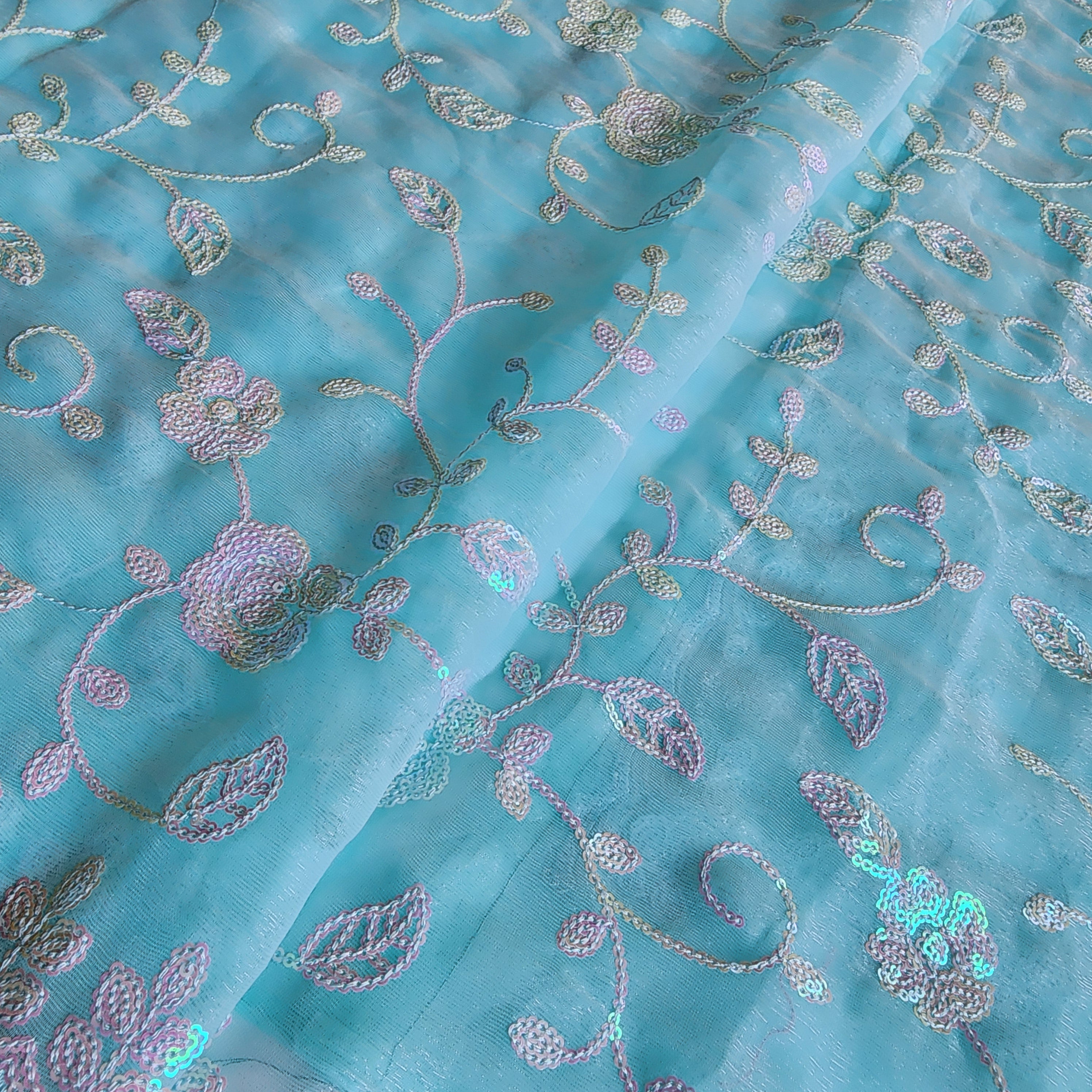 Georgette Designer Sequinned Saree - Mint Aqua