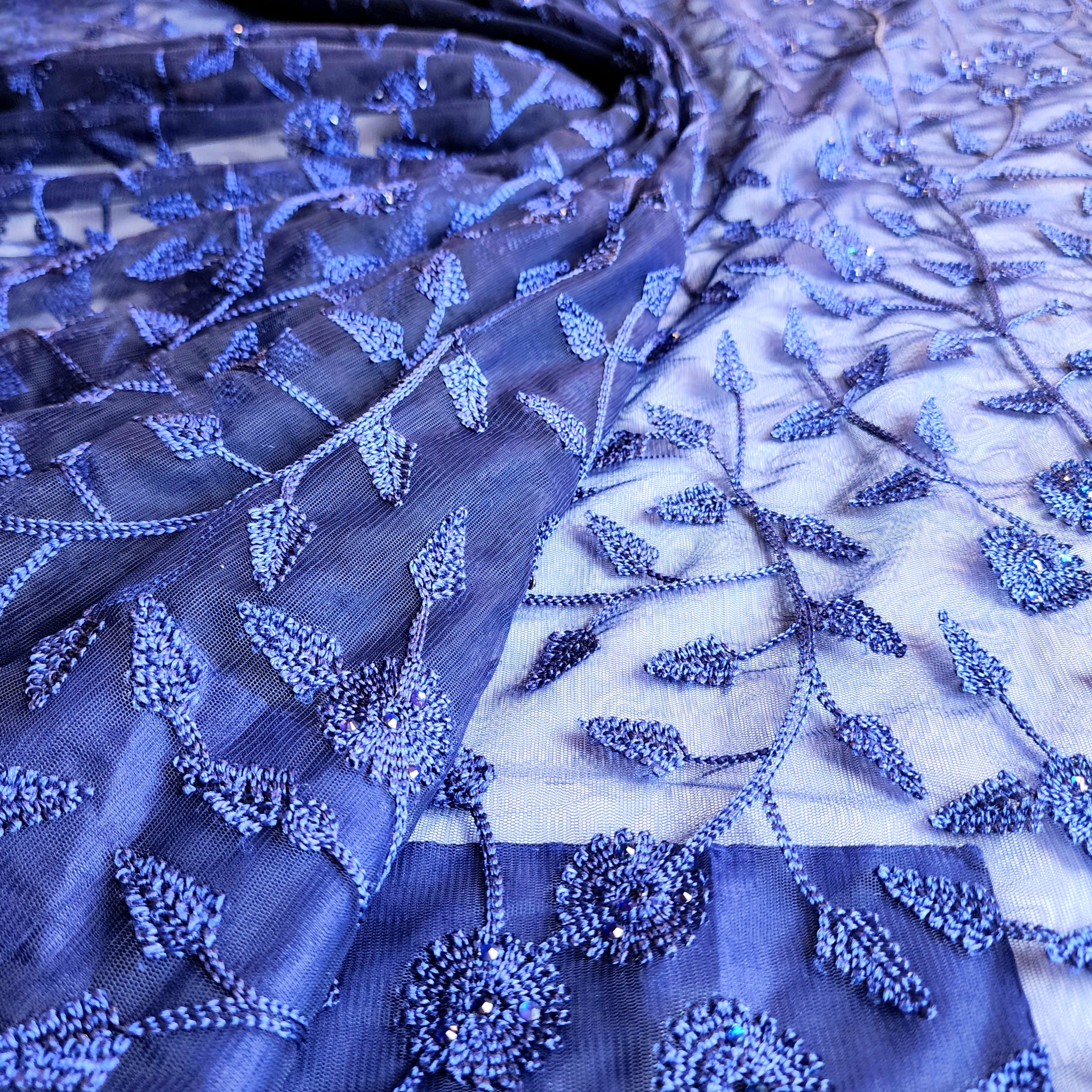 Embroidered Net Designer Saree in Dark Blue