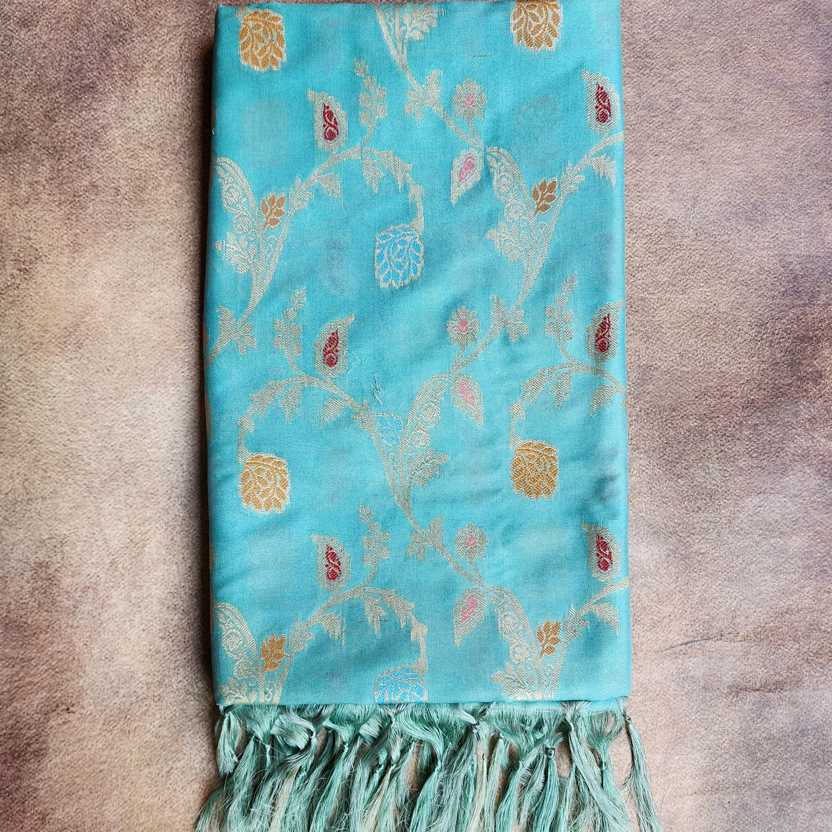 Pastel Sky Blue Banarasi Silk Dupatta with Gold Zari Border & Multicolor Meenakari Work