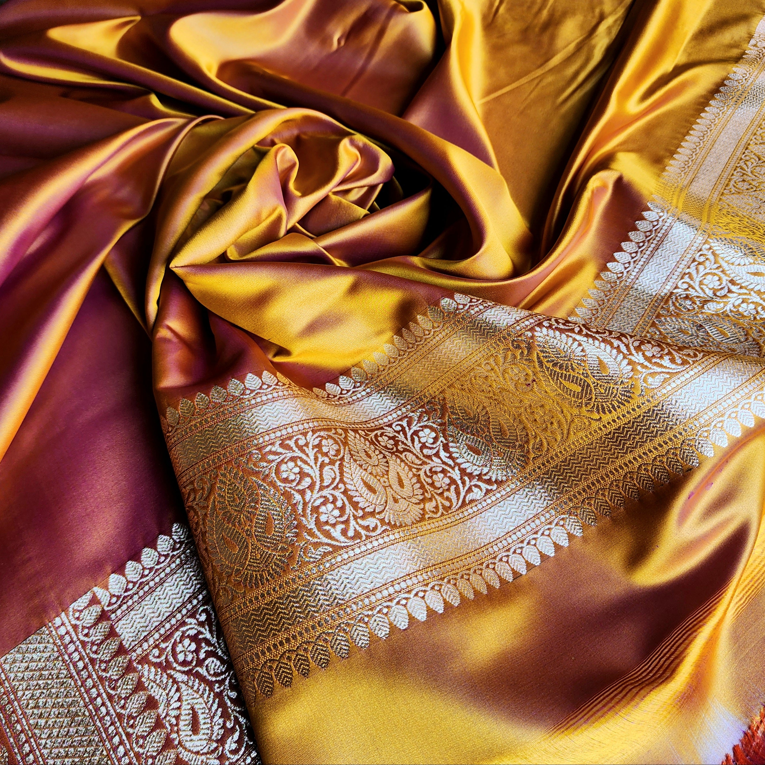 Rich Marigold Yellow Pure Banarasi Katan Silk Saree with light Gold Zari Weaving
