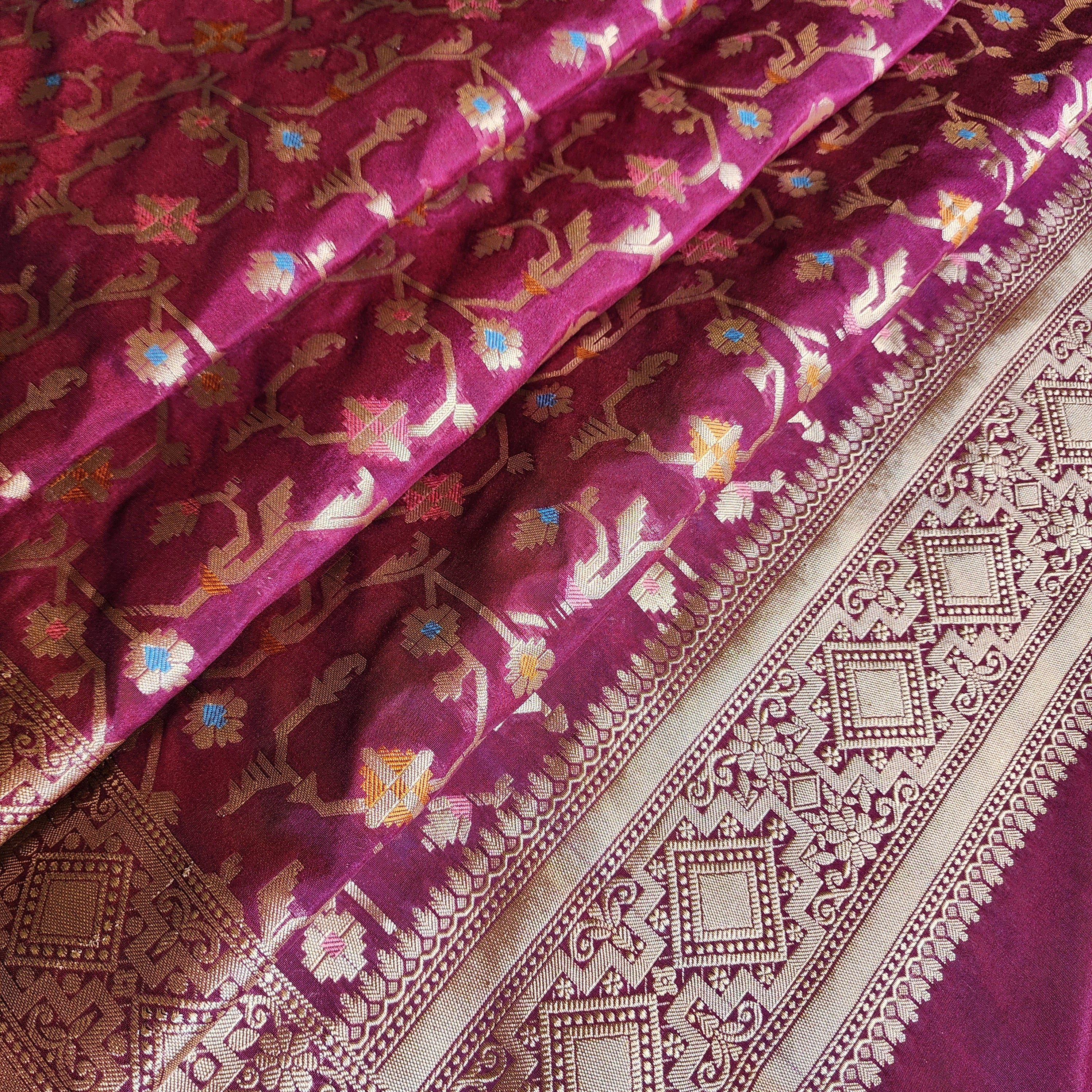 Golden Grid Banarasi Silk Dupatta with Meenakari Work in Deep Purple