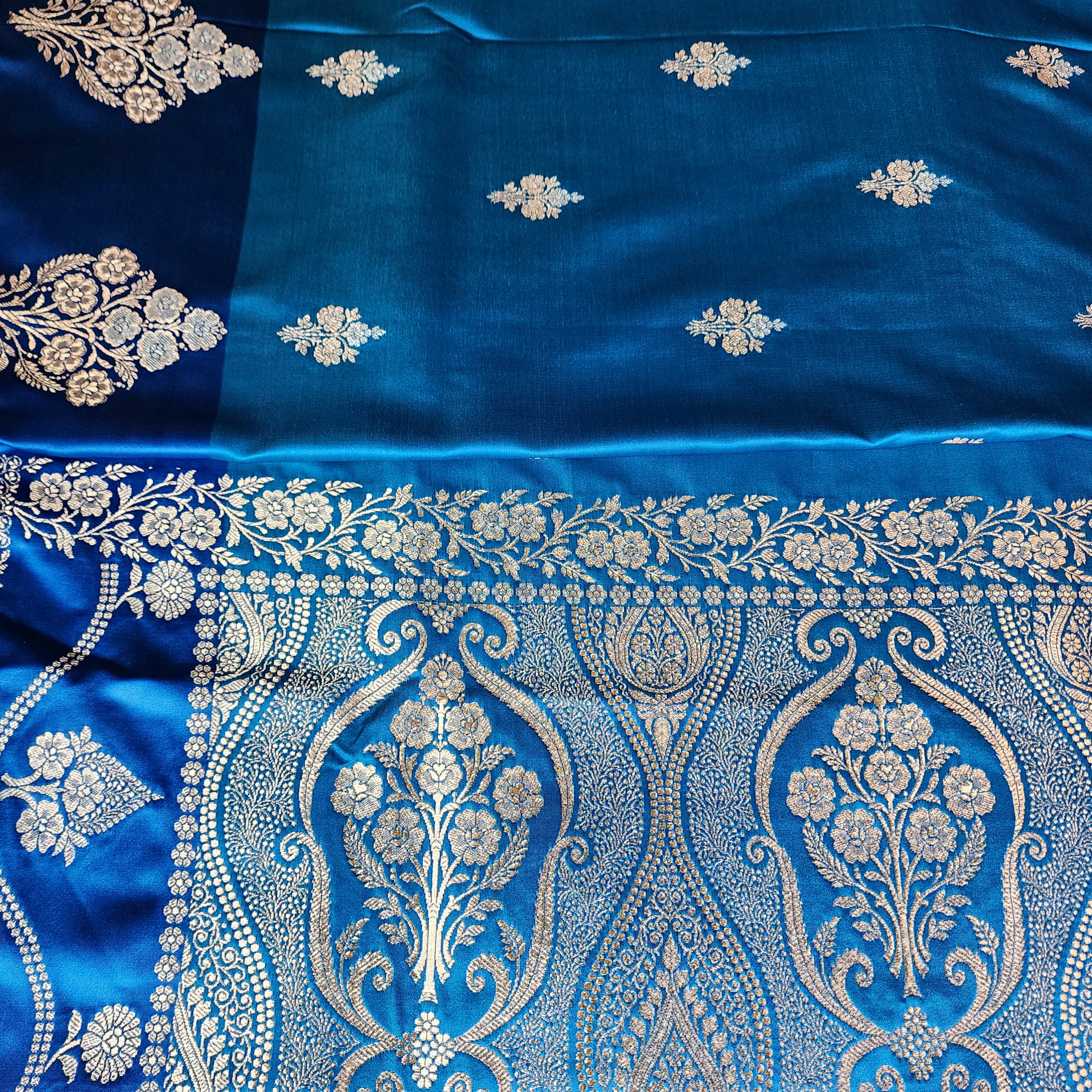Dual-Tone Shiny Blue Pure Banarasi Katan Silk Saree