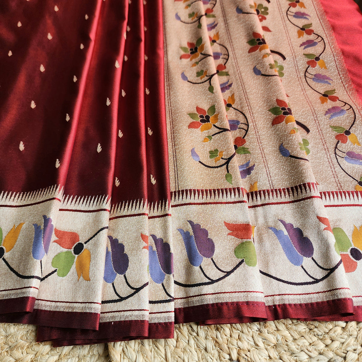 Raahi - Maroon Paithani Silk Saree with Stitched Blouse