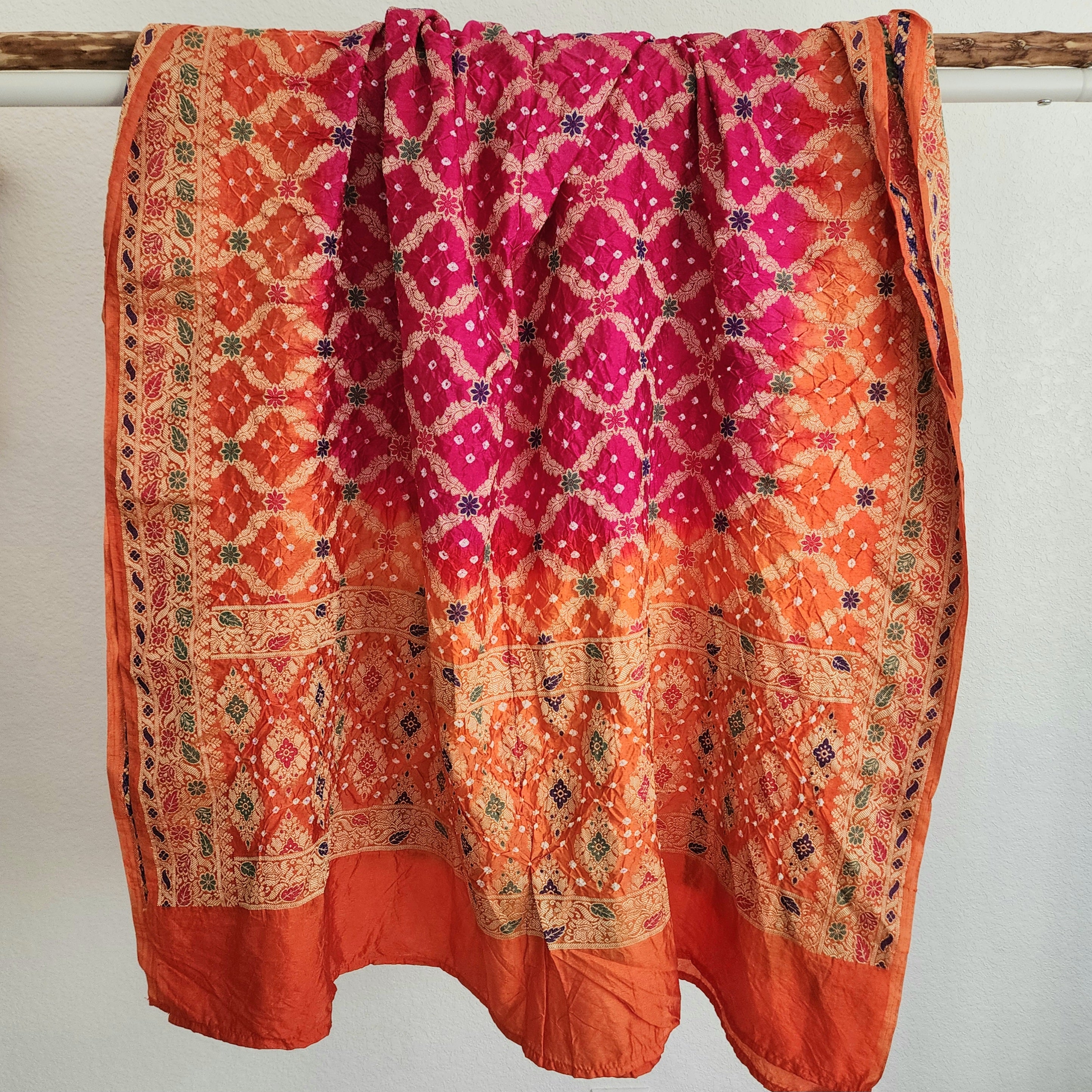 Orange & Rani Pink Bandhni dupatta with Banarasi Meenakari work