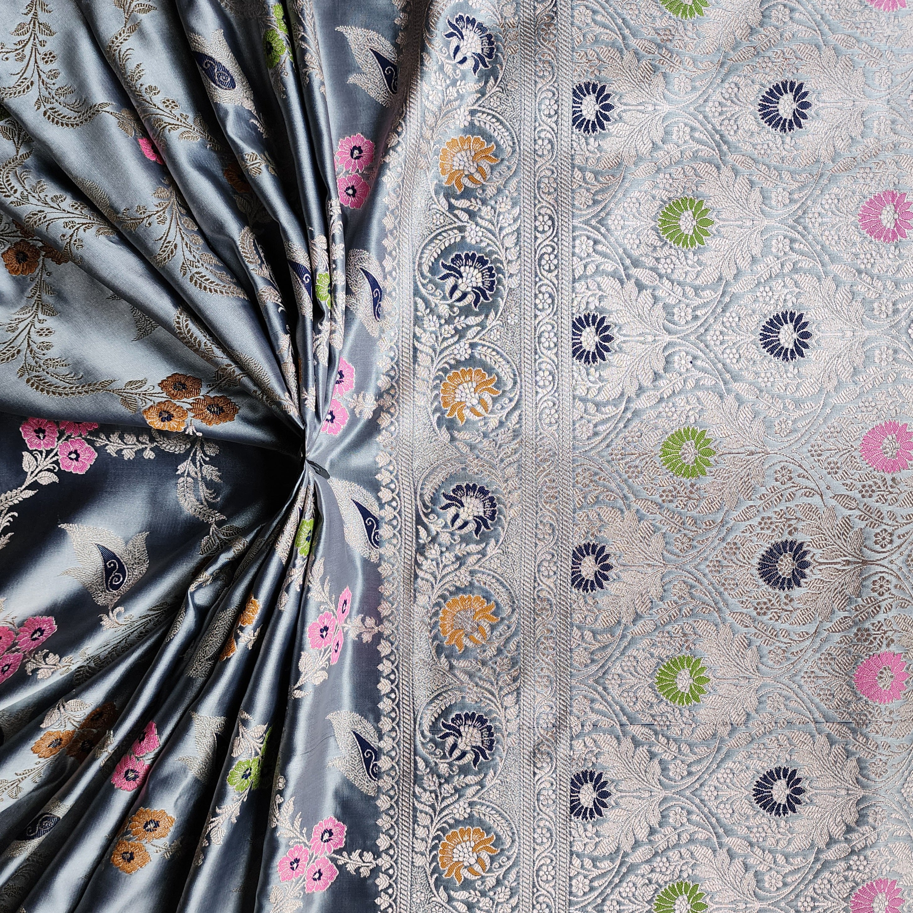 Enriched Dusky Blue Banarasi Katan Silk Saree with Multicolor Meenakari Floral Jaal