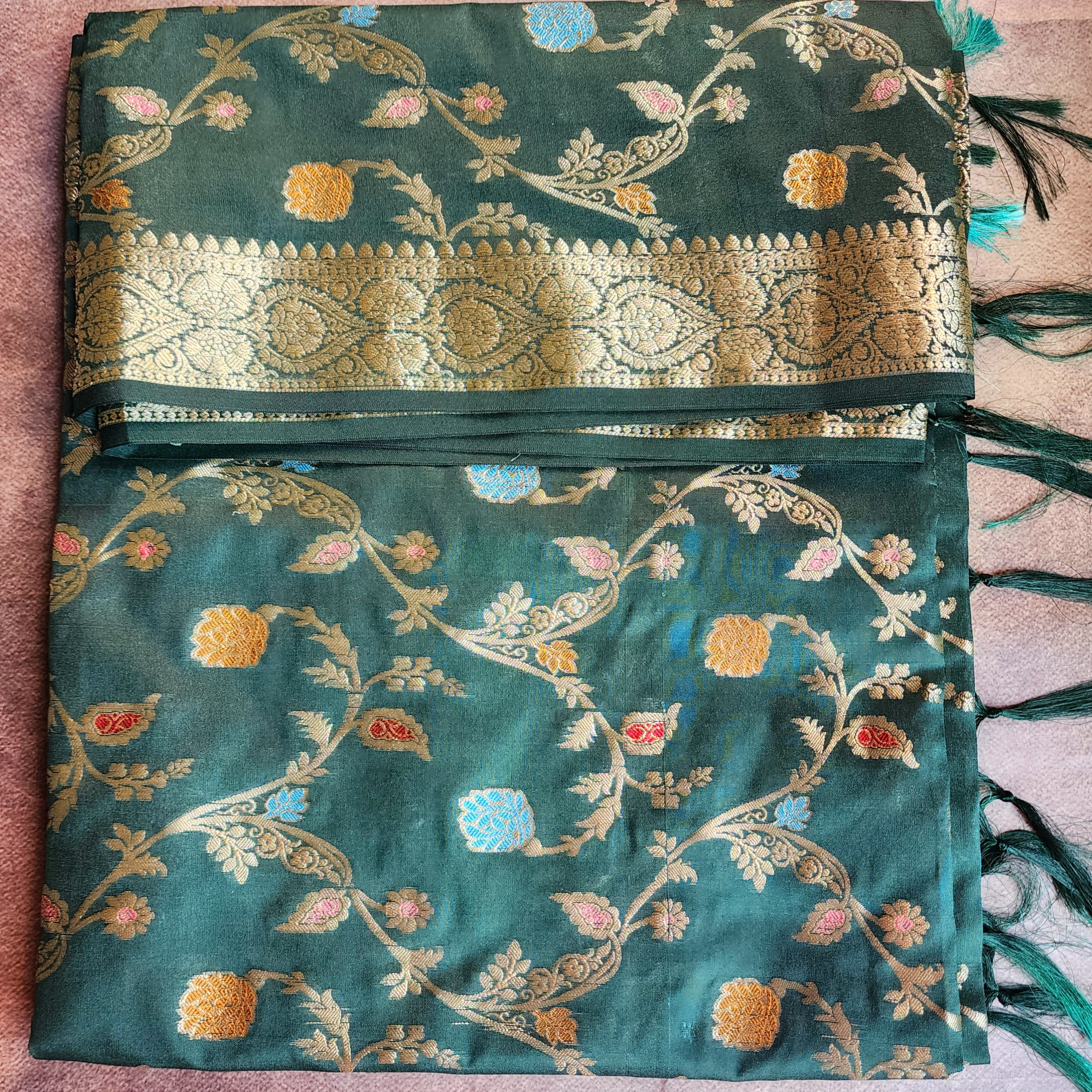 Bottle Green Banarasi Silk Dupatta with Gold Zari Border & Multicolor Meenakari Work