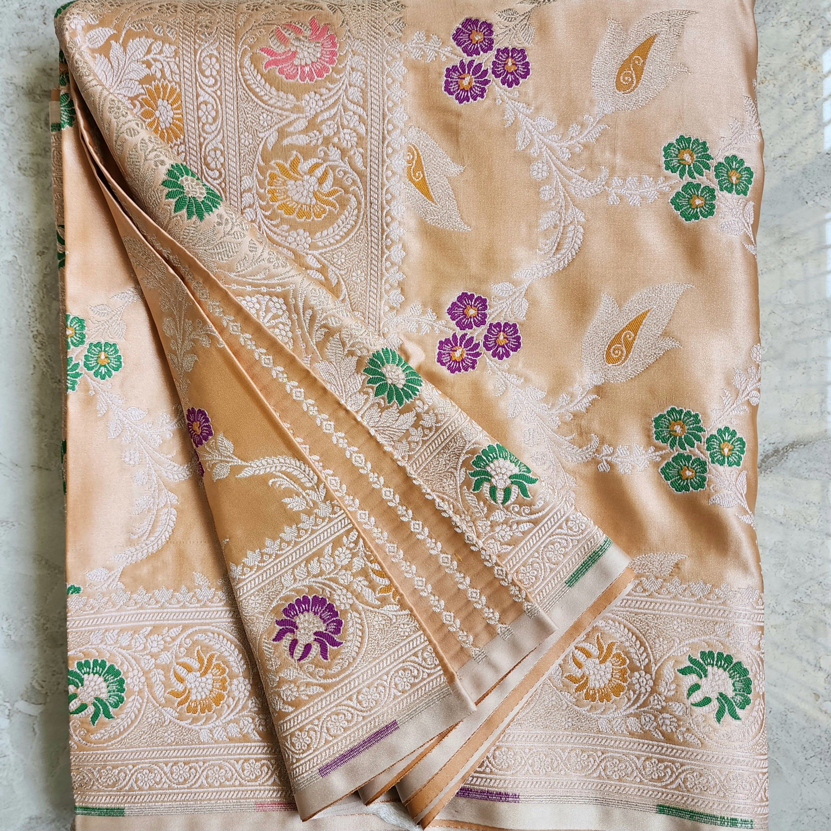 Enriched Dark Orange Banarasi Katan Silk Saree with Multicolor Meenakari Floral Jaal