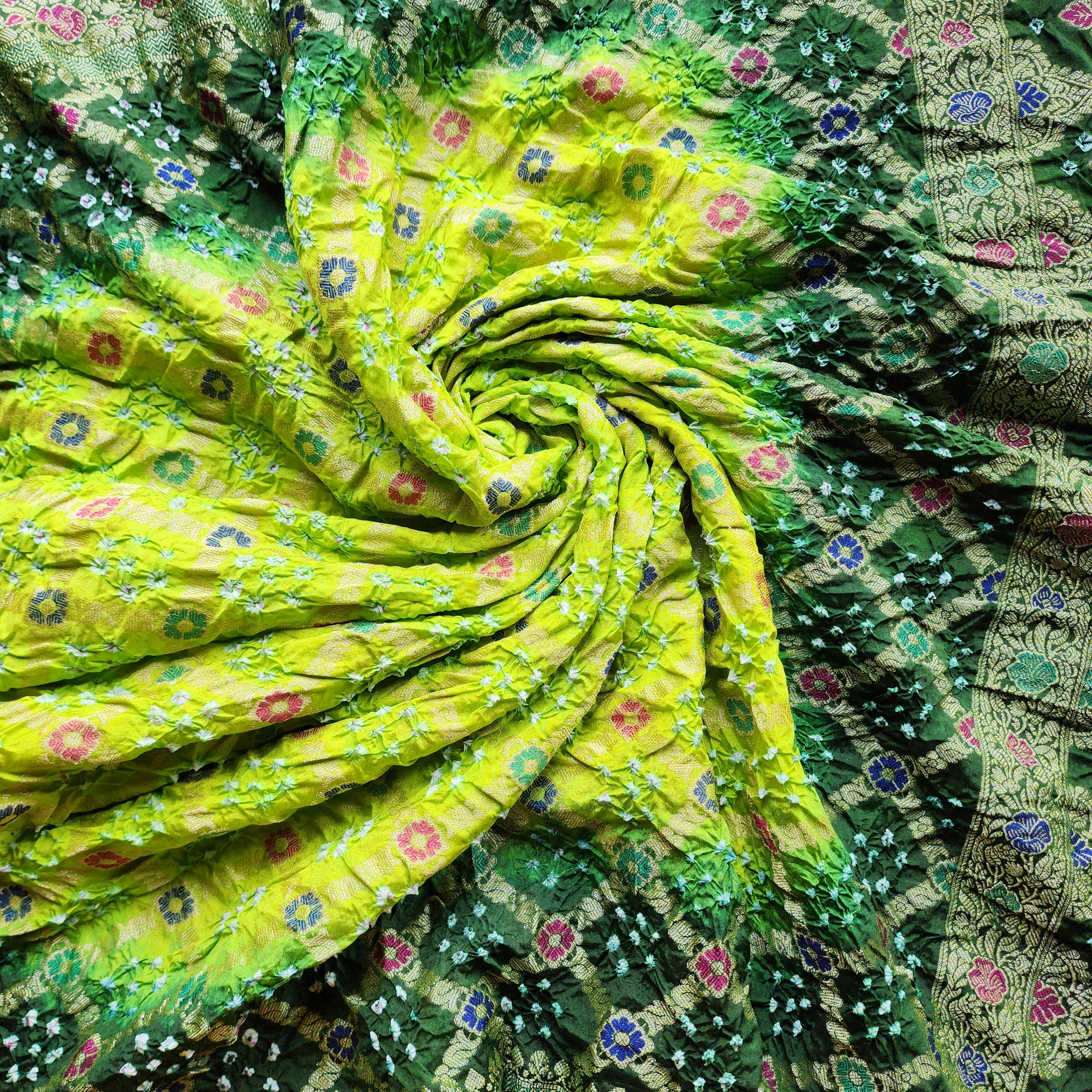 Dual-Tone Green Bandhni Dupatta with Golden Border & Banarasi Meenakari Work