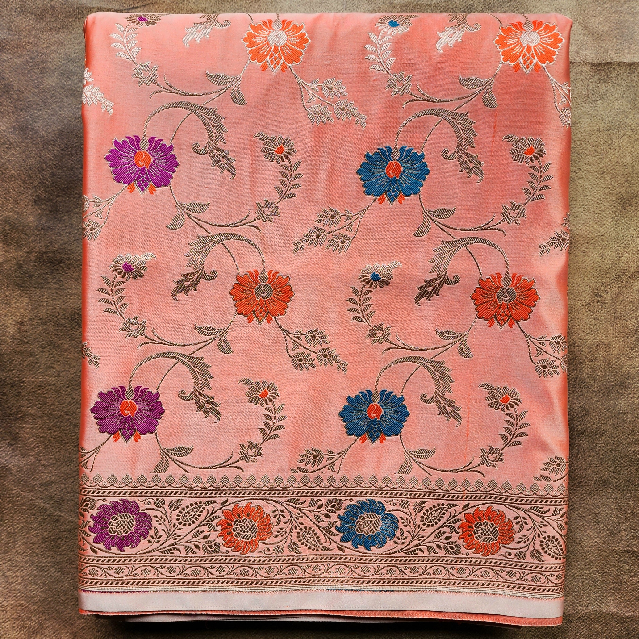 Enriched Banarasi Katan Silk Saree | Peach Multicolor Meenakari Floral Jaal