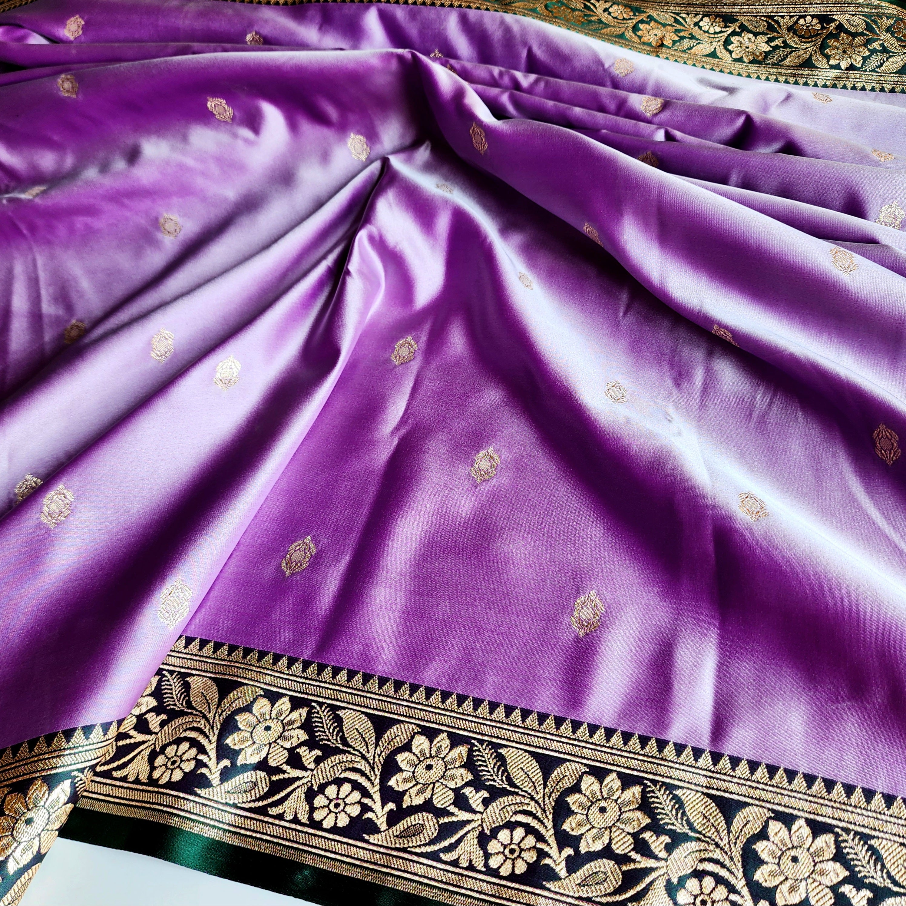 Lavender Katan Silk Saree with Emerald Green and Gold Zari Border