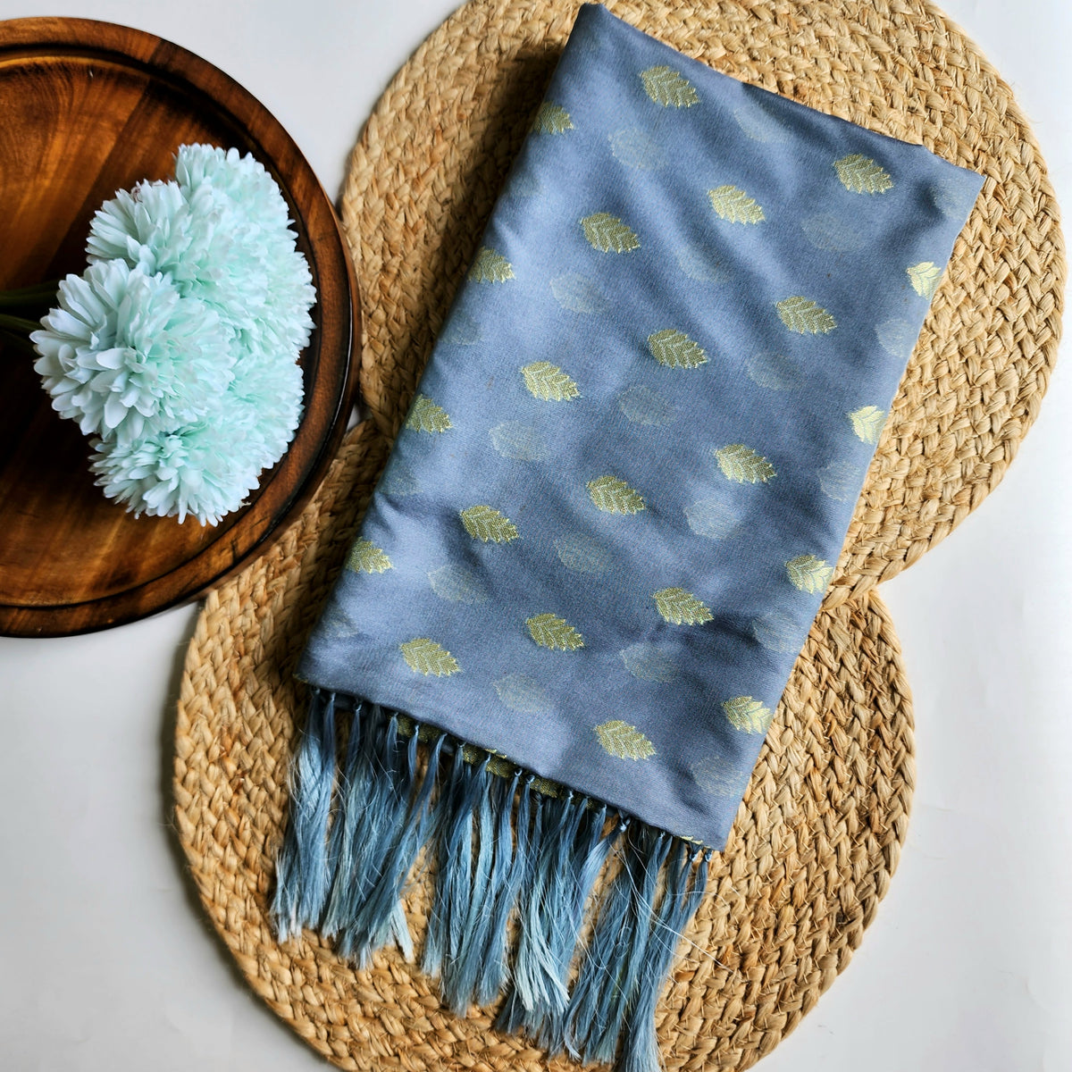 Steel Blue Banarasi Tapetta Silk Leaf Weave Dupatta